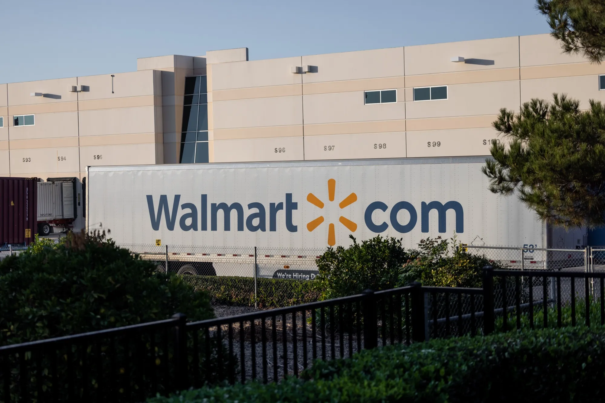 Walmart shipping containers at a warehouse in Redlands, California.