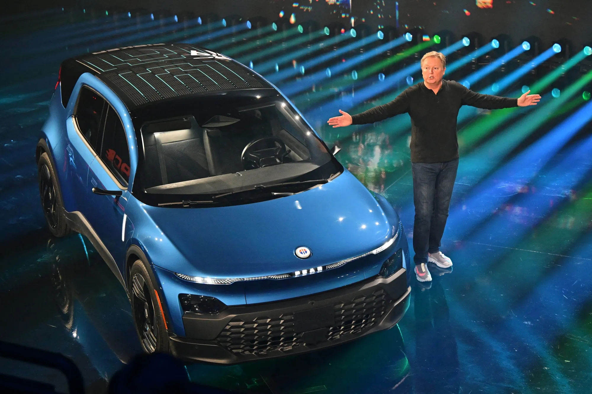 Henrik Fisker introduces the hatchback Pear during the “Product Vision Day” in 2023.