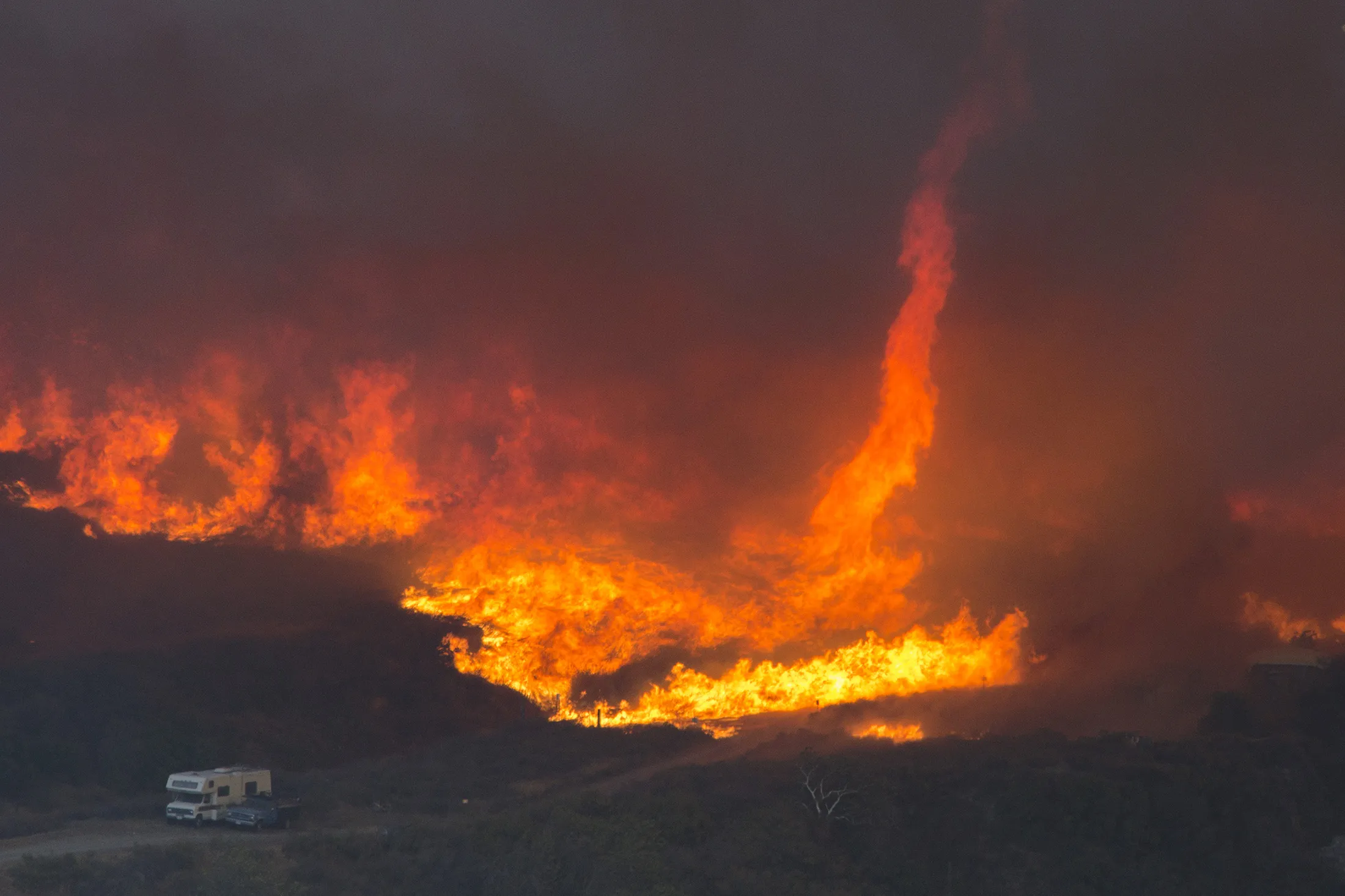 An example of a fire tornado forming during the Blue Cut Fire in California, U.S. in 2016.