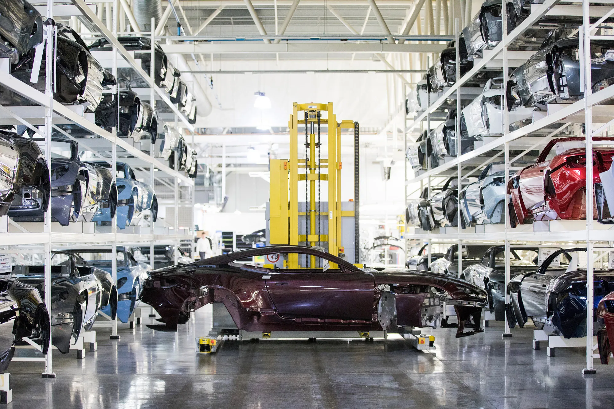 An Aston Martin DBS Superleggera sports car on the production line at the company's plant in Gaydon, U.K.