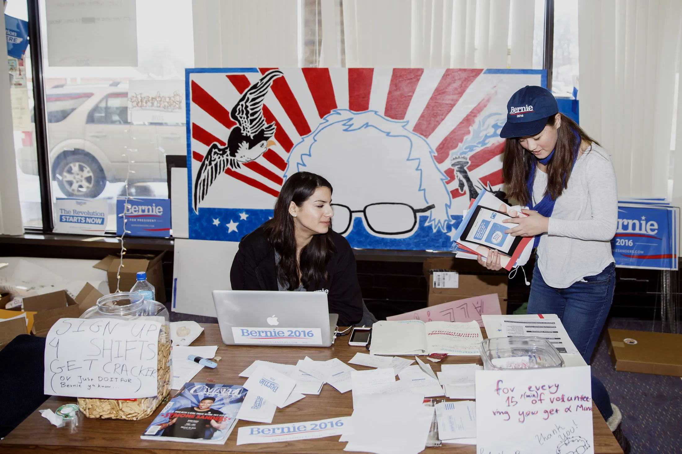 Volunteers Work At Presidential Candidate Bernie Sanders Iowa Headquarters