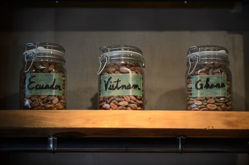 Jars of cacao beans from different countries.