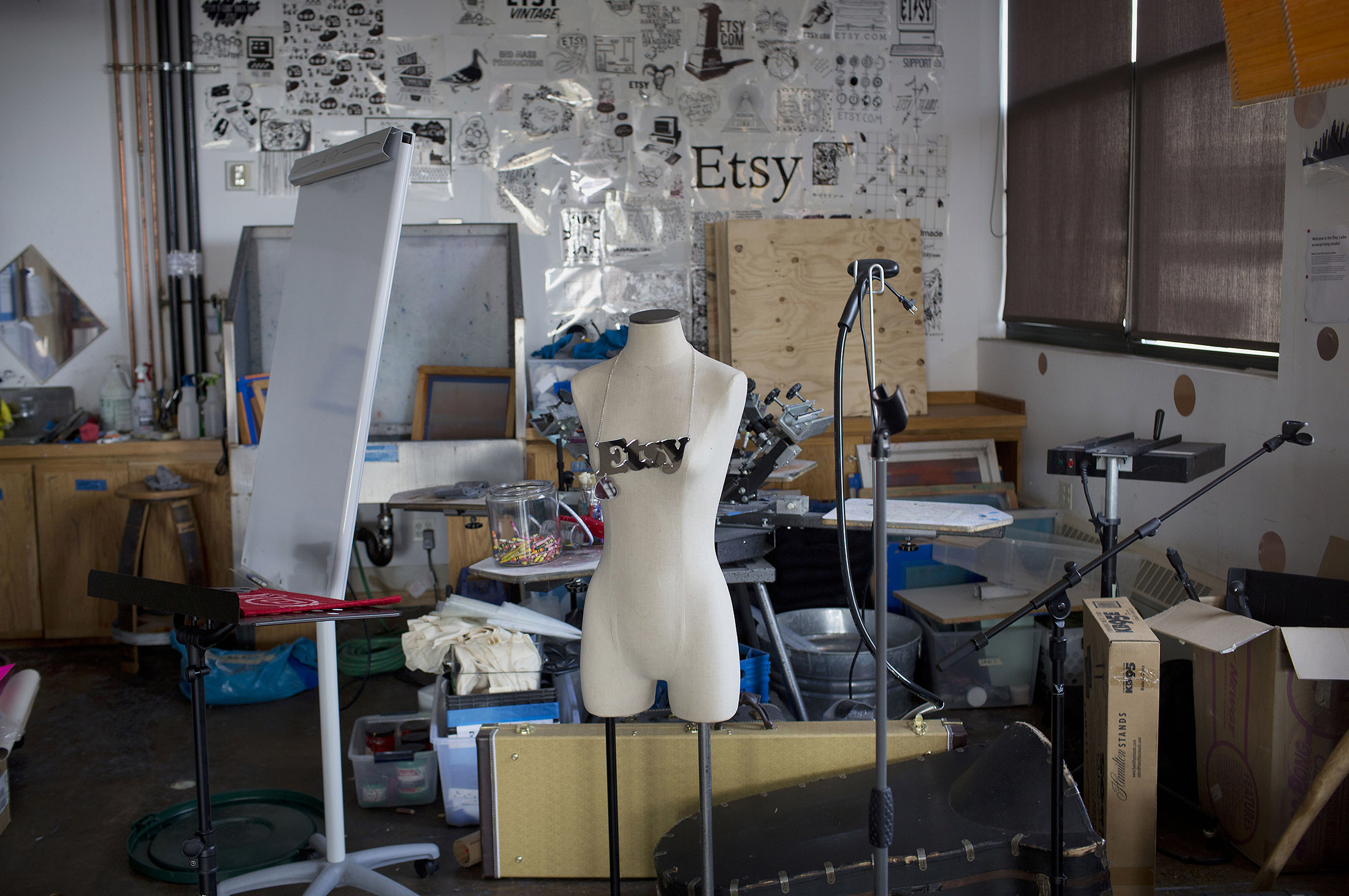 An Etsy necklace hangs on a mannequin in the craft lab at the company's headquarters in Brooklyn.
