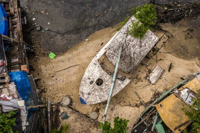 Abandoned, rotting ships, boats and seafare structures float in the surroundings of the Guanabara bay in Sao Gonçalo, Rio de Janeiro.