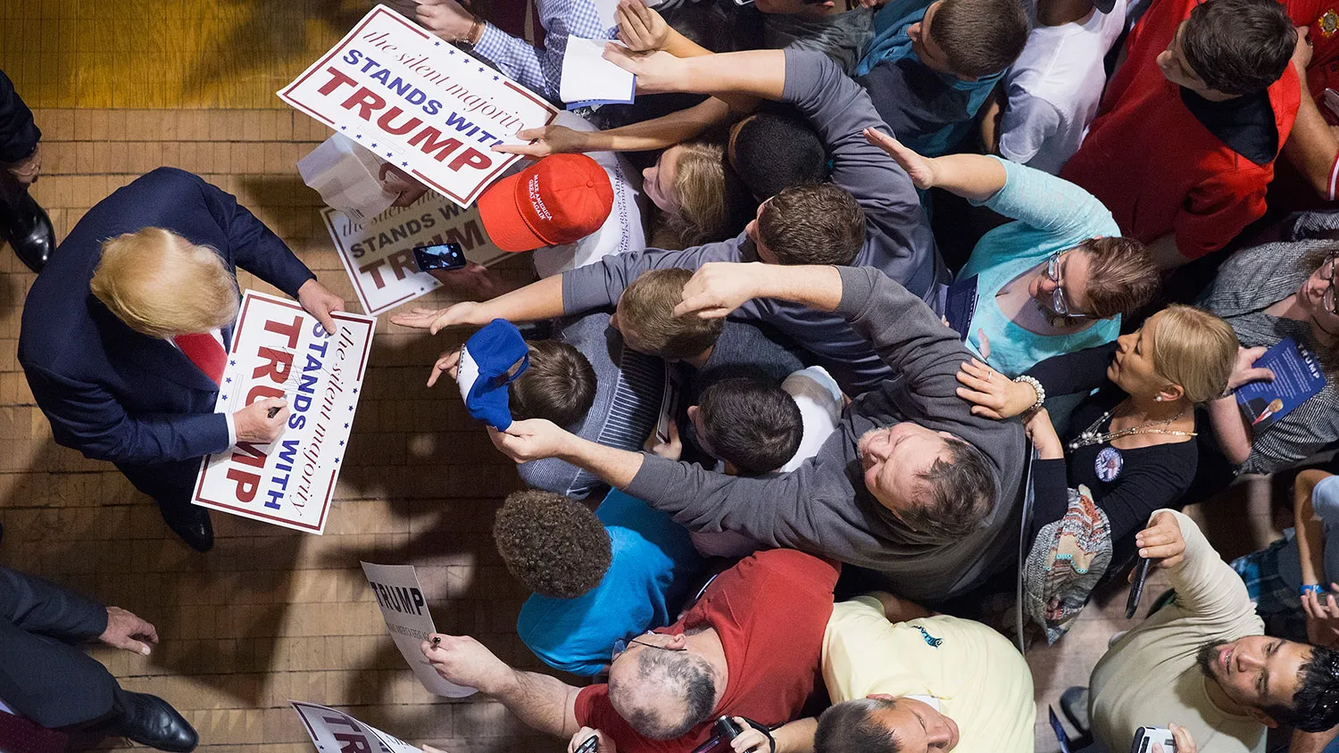 Republican presidential candidate Donald Trump greets guests on Oct. 21, 2015, in Burlington, Iowa.
