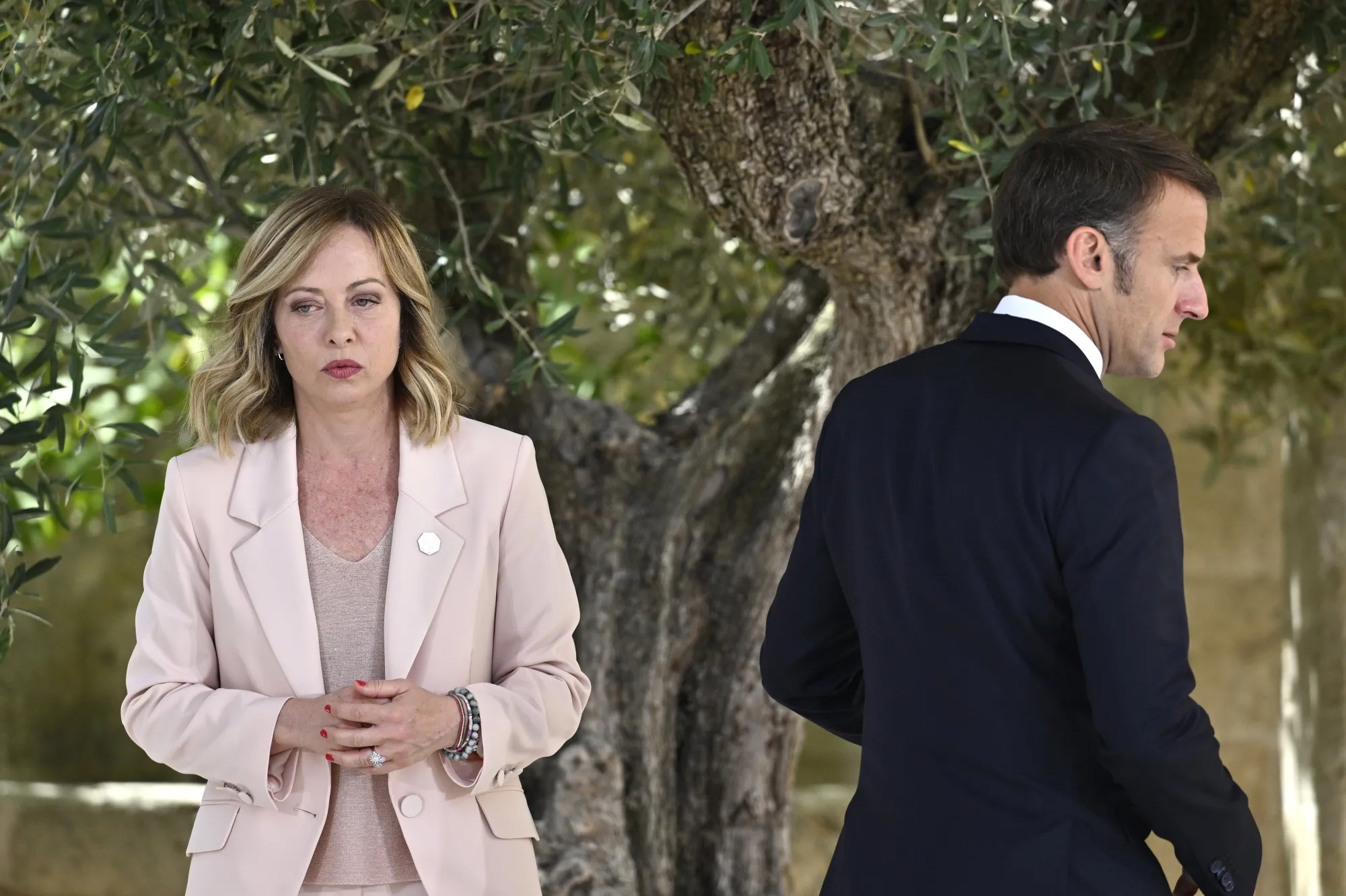 Emmanuel Macron and Giorgia Meloni at the welcome ceremony on day one of the 50th G7 in Fasano, Italy.&nbsp;