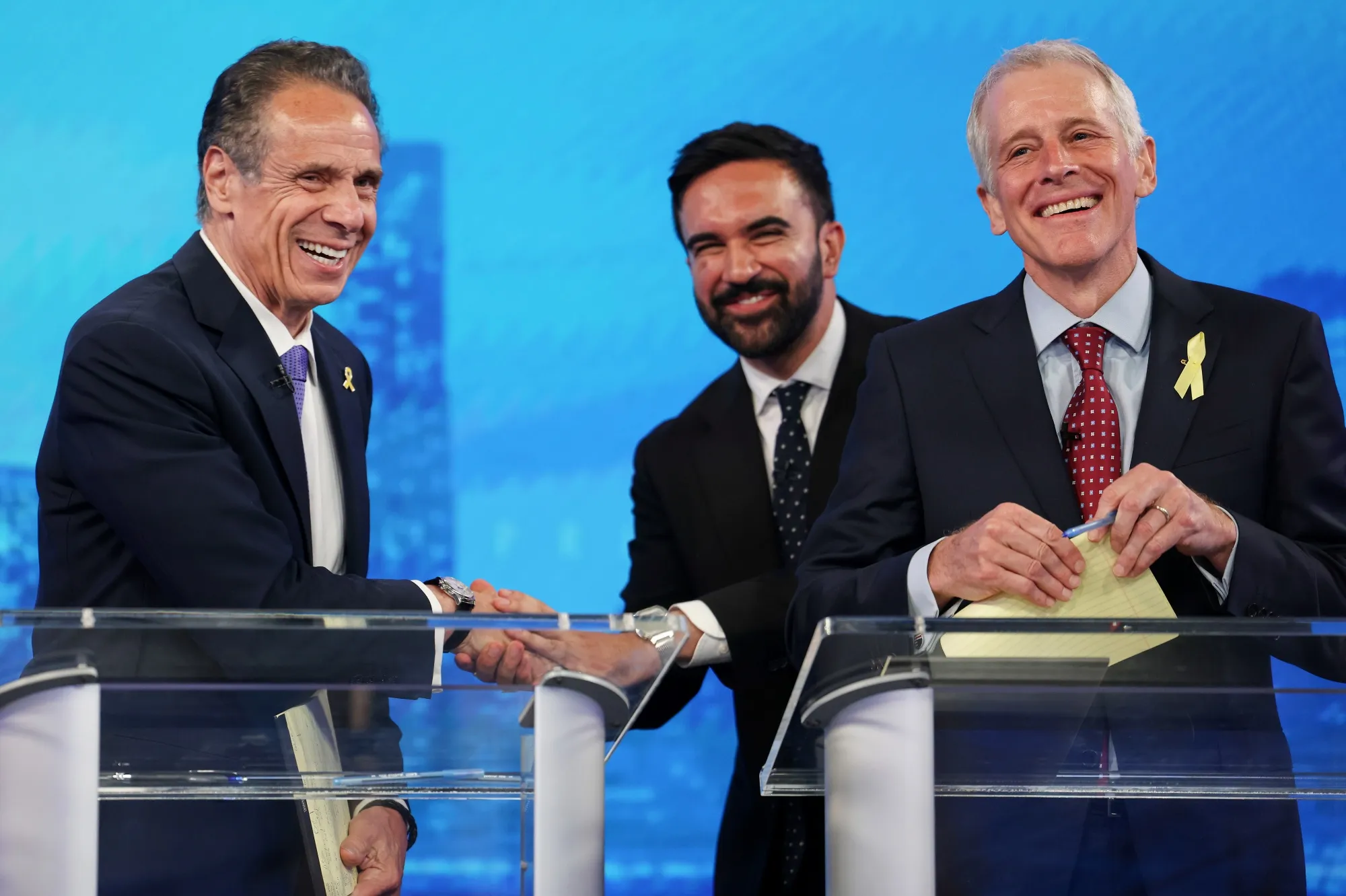Andrew Cuomo, New York City mayoral candidate, from left, Zohran Mamdani, New York City mayoral candidate, and Whitney Tilson, New York City mayoral candidate, during a mayoral Democratic primary debate on Wednesday, June 4, 2025.&nbsp;
