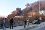 Smoke rises after an explosion in the western Ukrainian city of Lviv on March 18.&nbsp;
