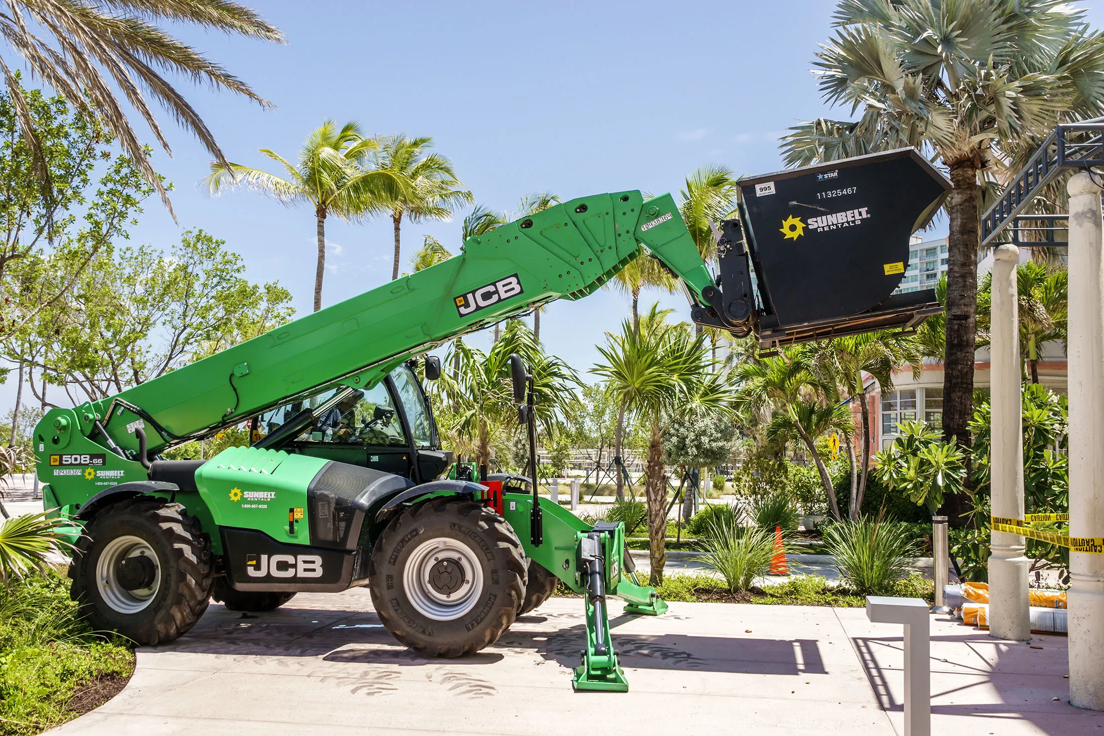 A JCB 508-66 telescopic forklift from Sunbelt Rentals in Miami Beach, Florida.