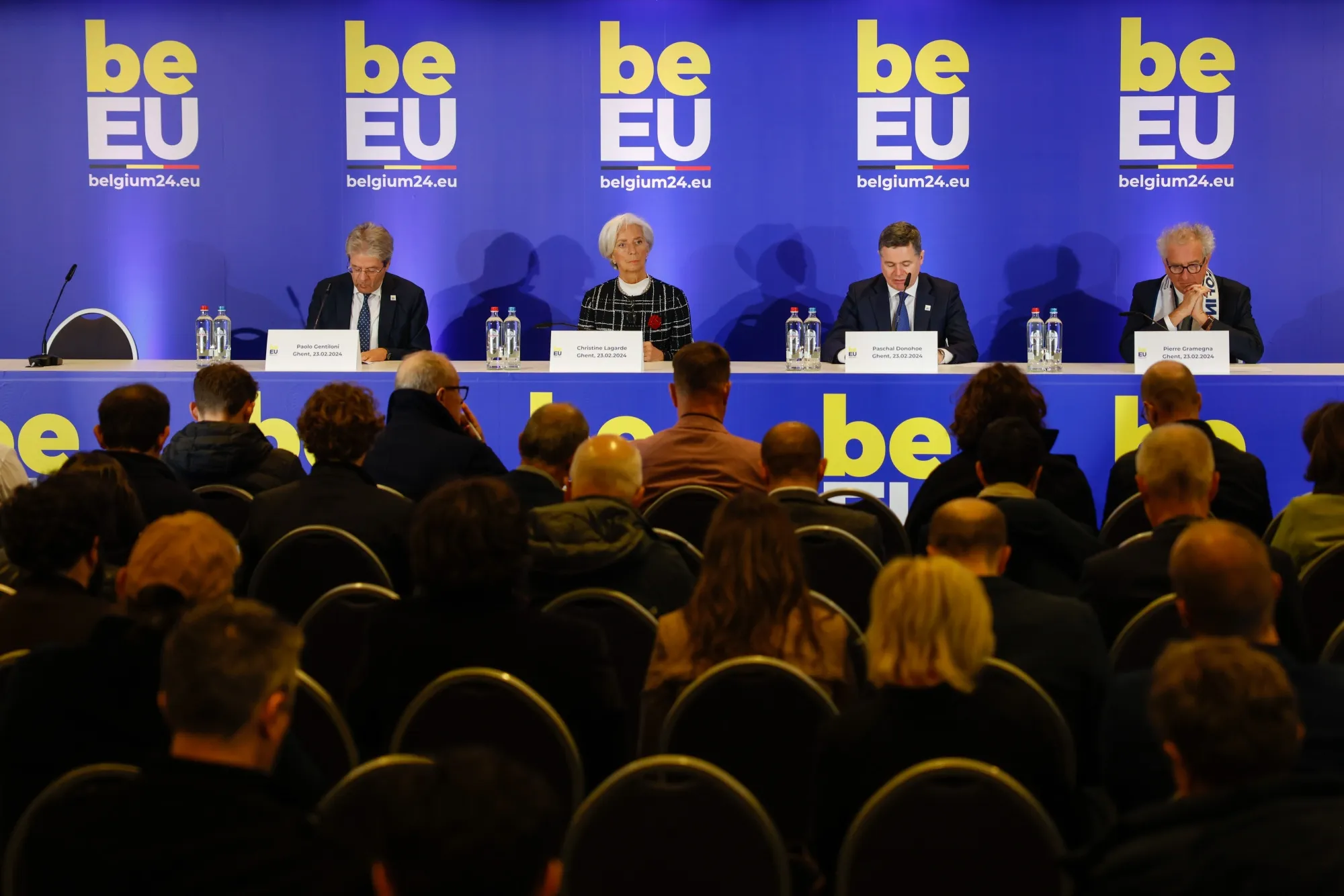 Paolo Gentiloni, Christine Lagarde, Paschal Donohoe&nbsp;and Pierre Gramegna during a news conference&nbsp;in Ghent, Belgium on Feb. 23.