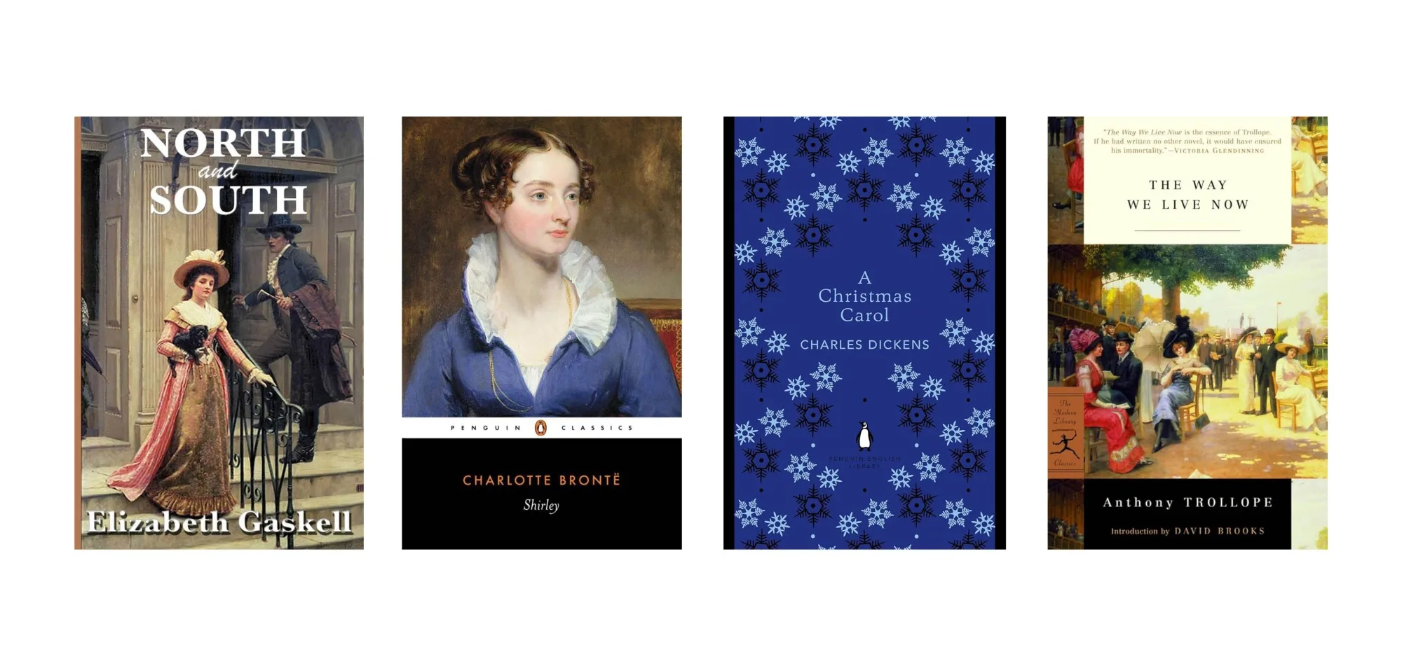 Book covers for North and South, Shirley, A Christmas Carol and The Way We Live Now.