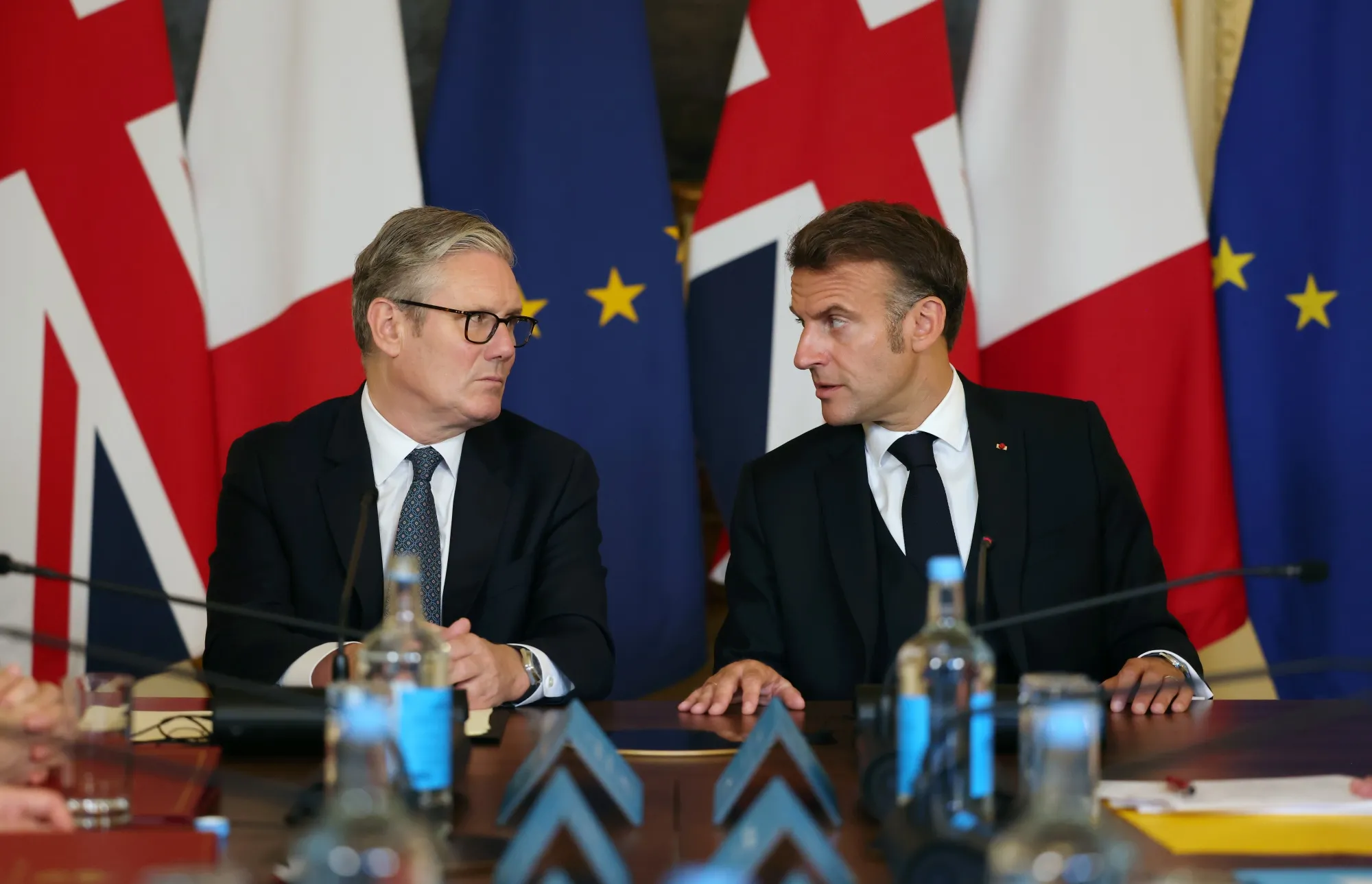 France's president Emmanuel Macron and UK prime minister Keir Starmer at a 'Coalition of the Willing' meeting during a joint military visit in Northwood, UK, on July 10.