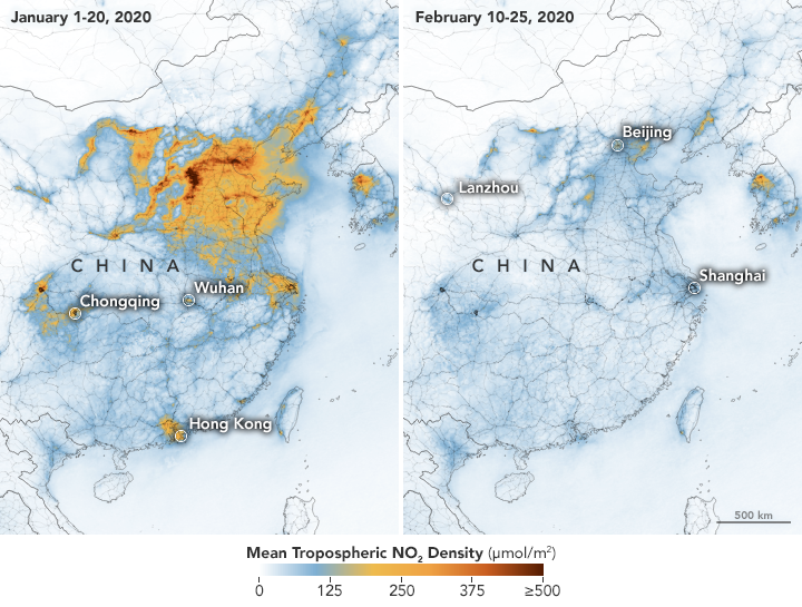 Concentrations of nitrogen dioxide across China before and during the quarantine.