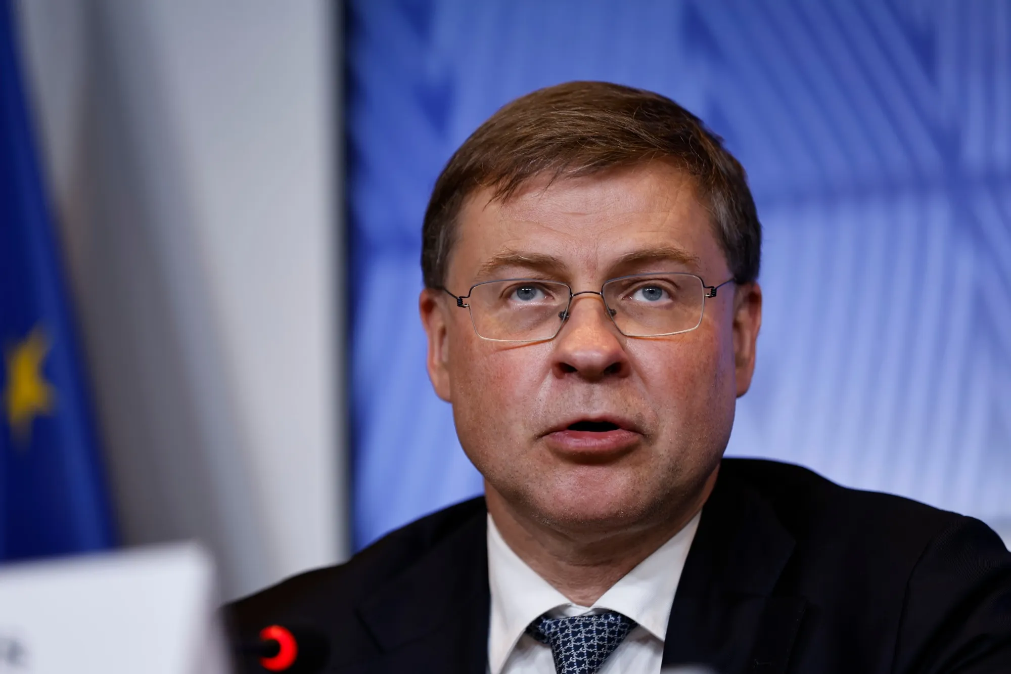 EU Economy Commissioner&nbsp;Valdis Dombrovskis speaks during a news conference following a Eurogroup meeting in Luxembourg on June 19.