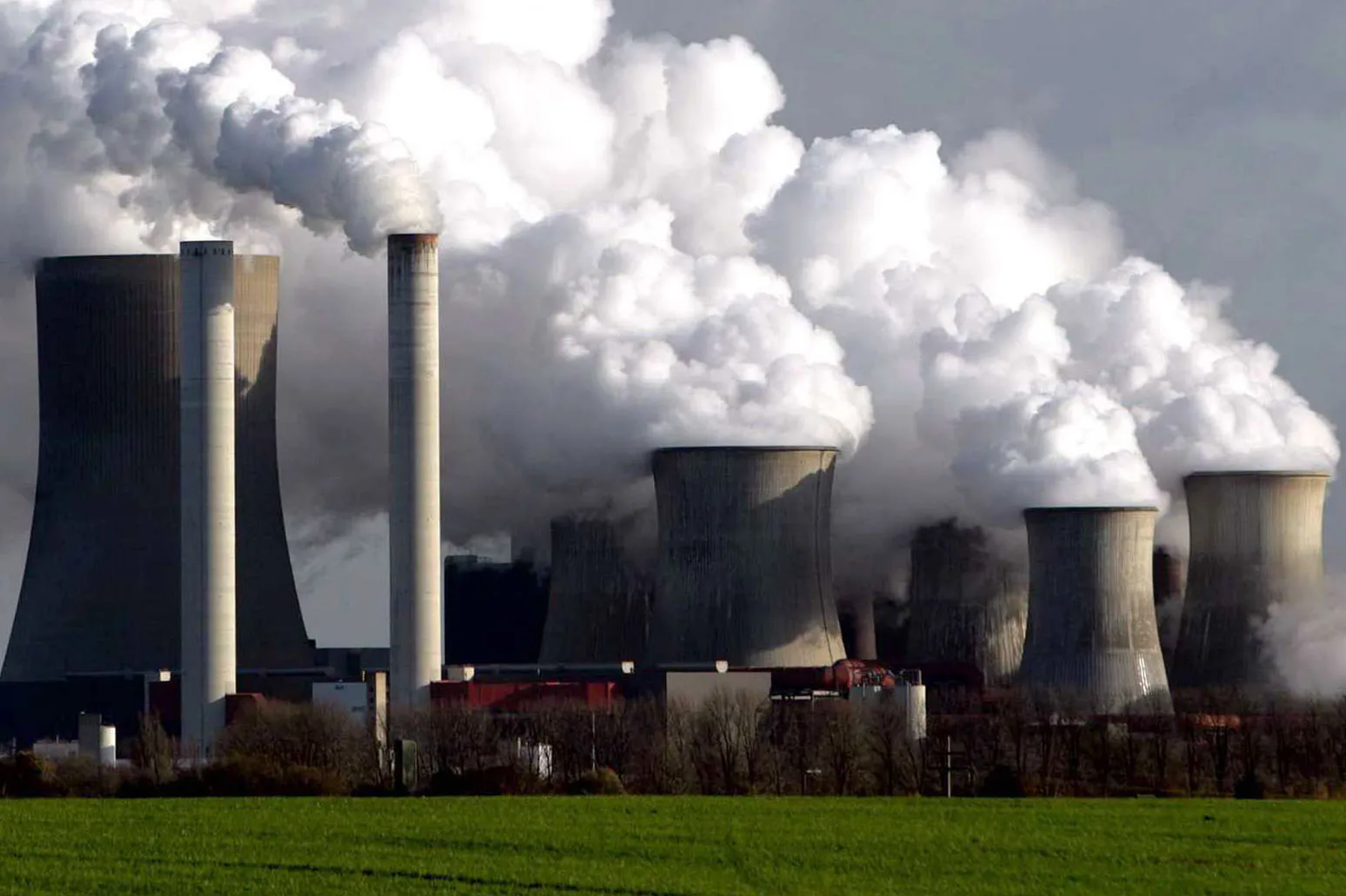 Chimneys and cooling towers at the Neurath coal plant owned by RWE AG near Grevenbroich.