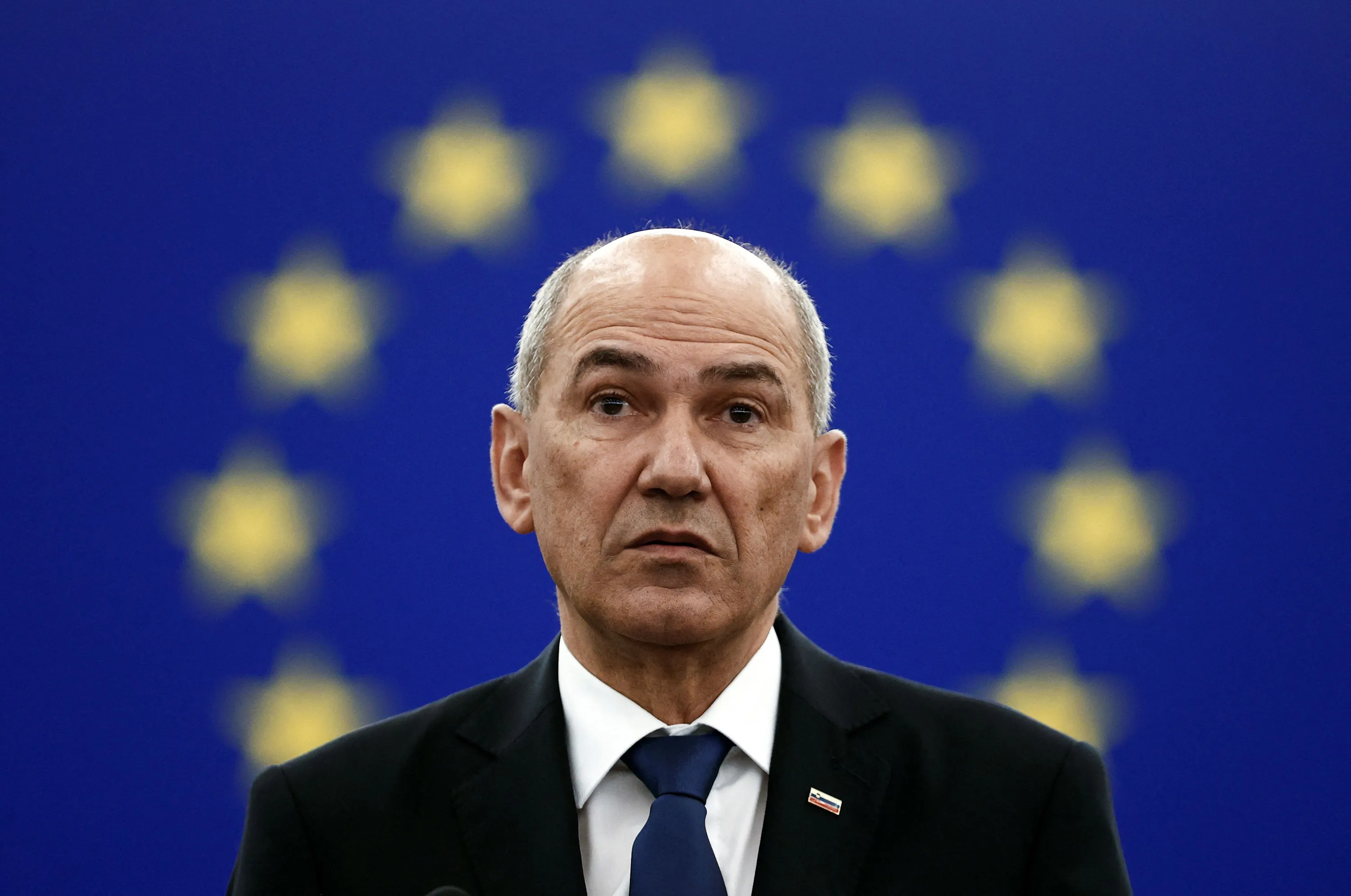 Janez Jansa speaks&nbsp;at the European Parliament in Strasbourg, on July 6.