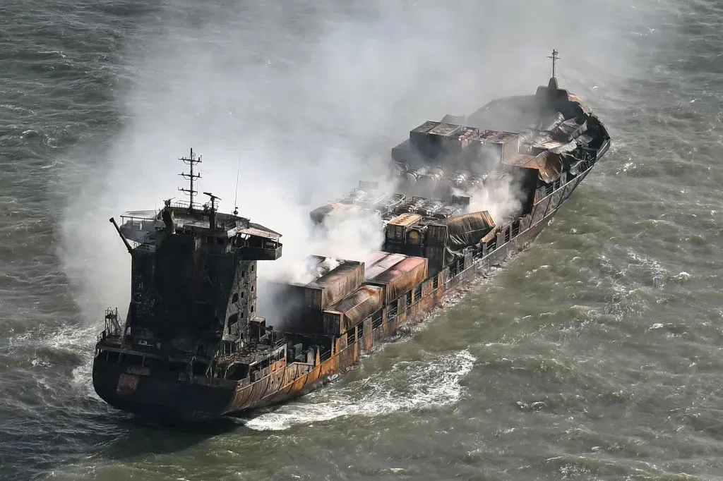 Smoke rises from the MV Solong cargo ship in the North Sea&nbsp;on March 11, 2025, after it collided with the MV Stena Immaculate tanker on March 10.