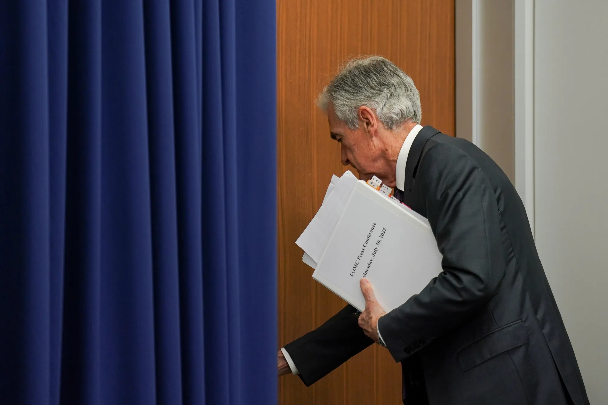 Jerome Powell, chairman of the US Federal Reserve, departs following a news conference following a Federal Open Market Committee (FOMC) meeting in Washington, DC.