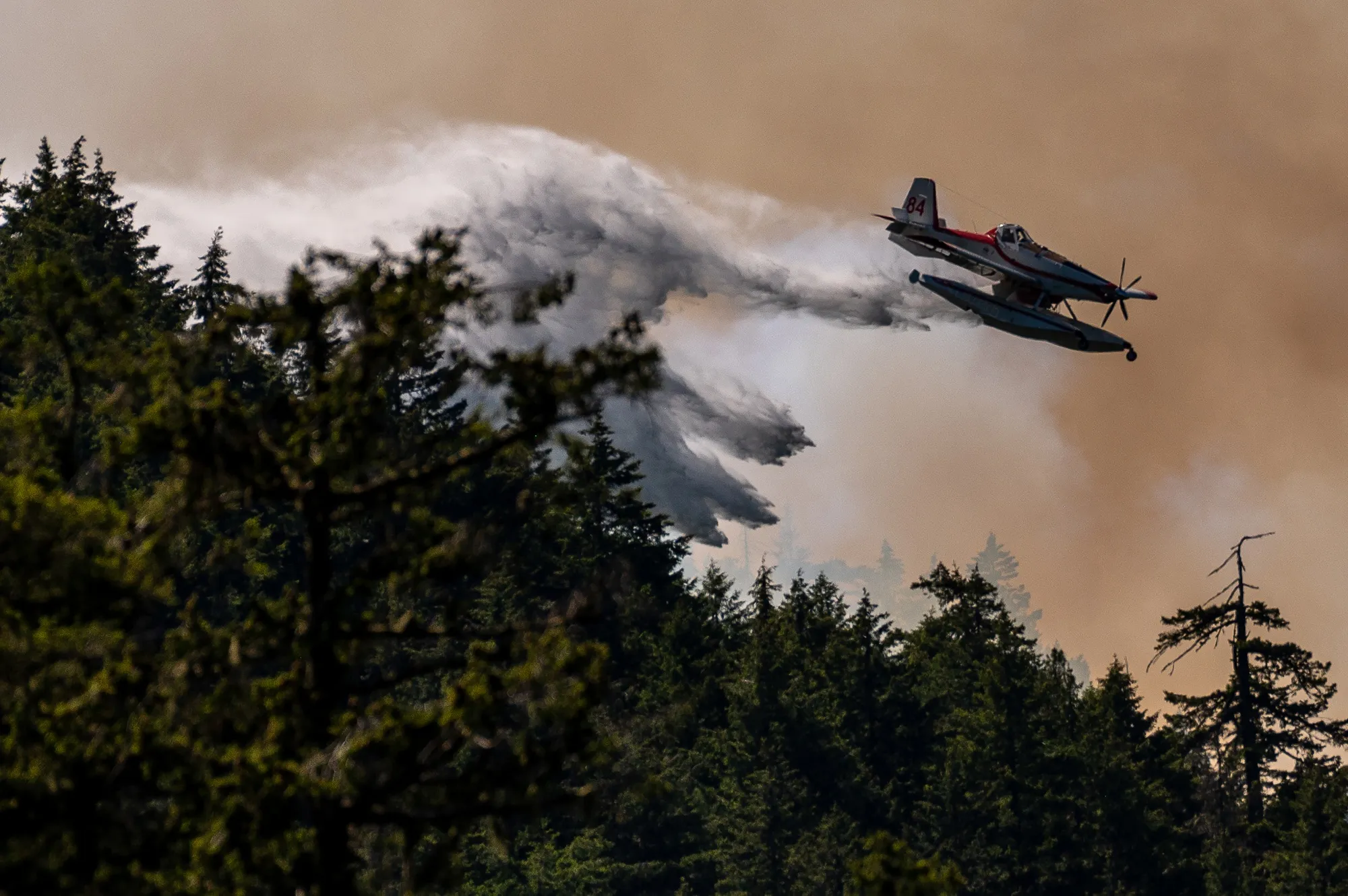 A&nbsp;waterbomber drops water onto the Cameron Bluffs wildfire near Port Alberni, British Columbia.