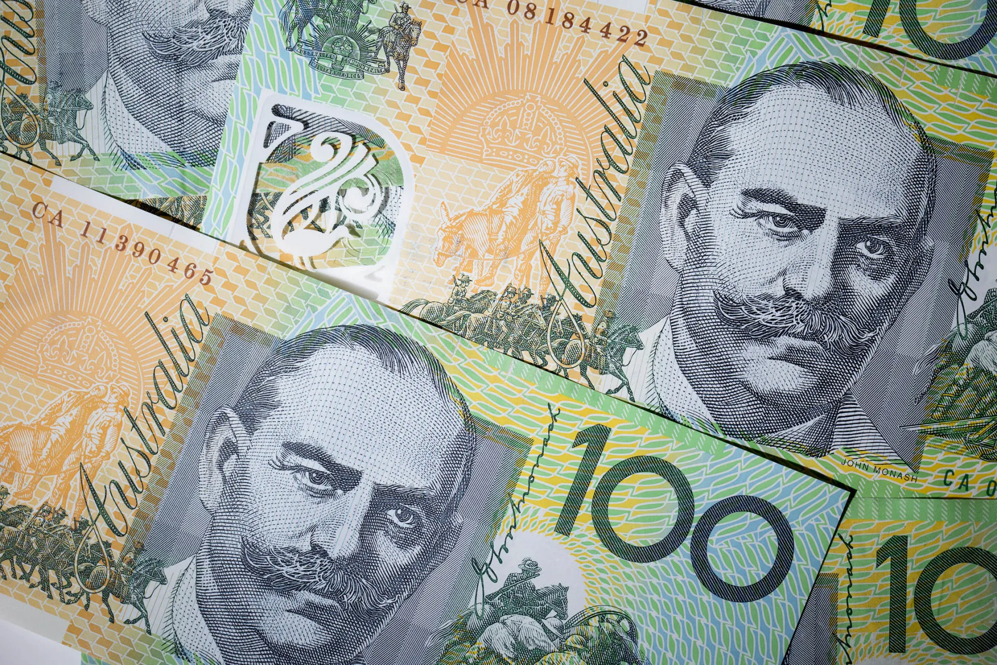 Australian one-hundred dollar banknotes.
