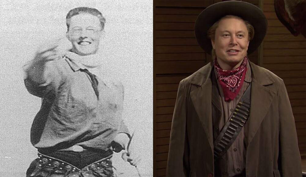 Joshua Haldeman, circa 1926, left, and grandson Elon Musk, during a “Saturday Night Live” skit in May, bear a striking resemblance.