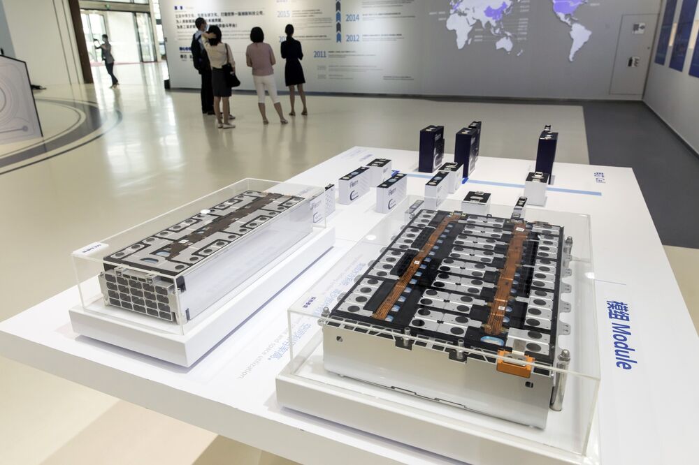 Cross sections of electric vehicle batteries displayed at Contemporary Amperex Technology Co. (CATL) headquarters in Ningde, Fujian province, China.