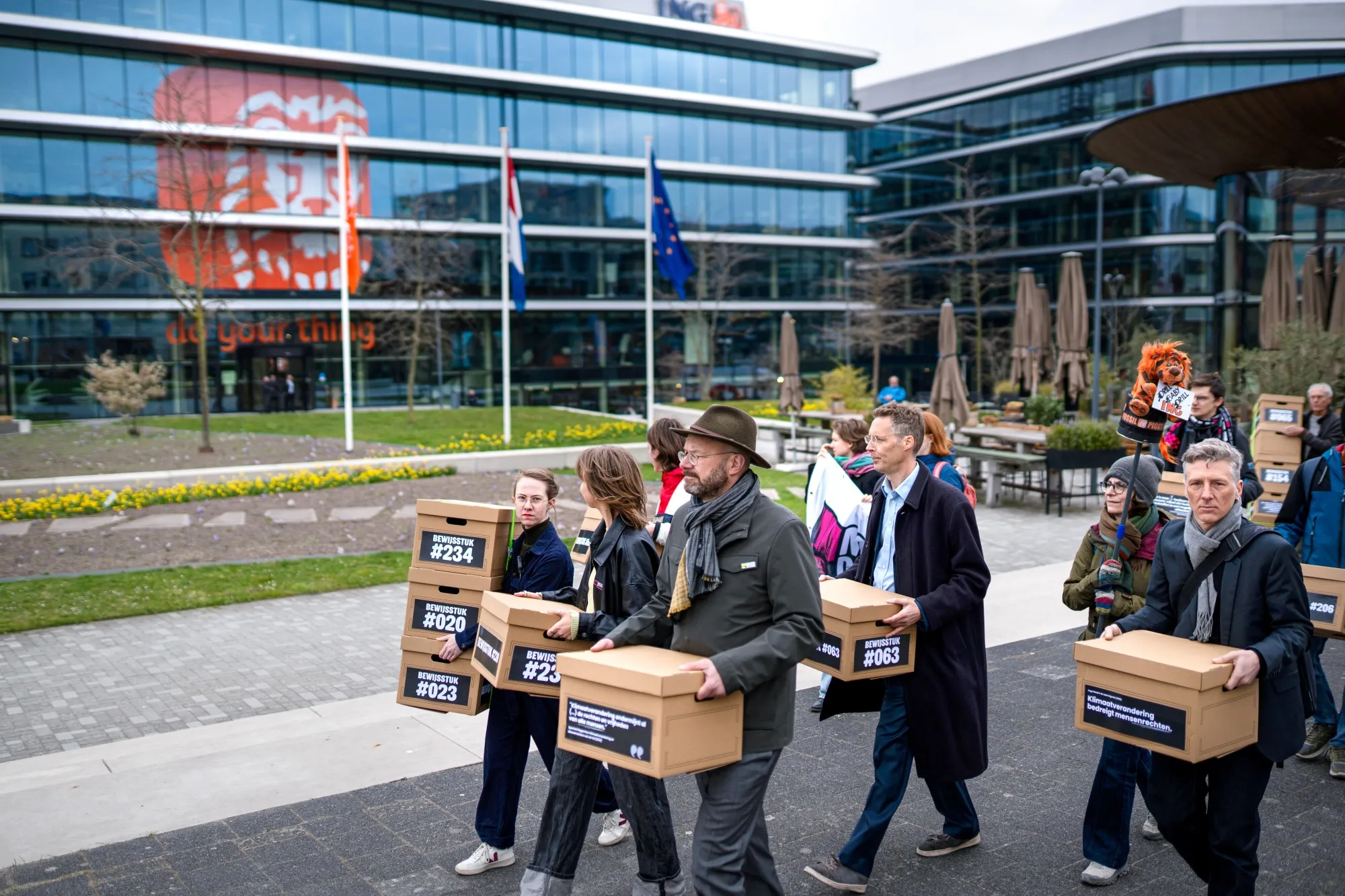Campaigners from Milieudefensie outside the headquarters of ING Groep NV in Amsterdam, on March 28.