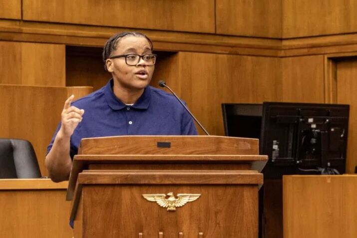 DC jail inmate and debate team member Chelsee Wright lays out her argument for abolishing solitary confinement at the jail’s fourth annual debate at US District Court.