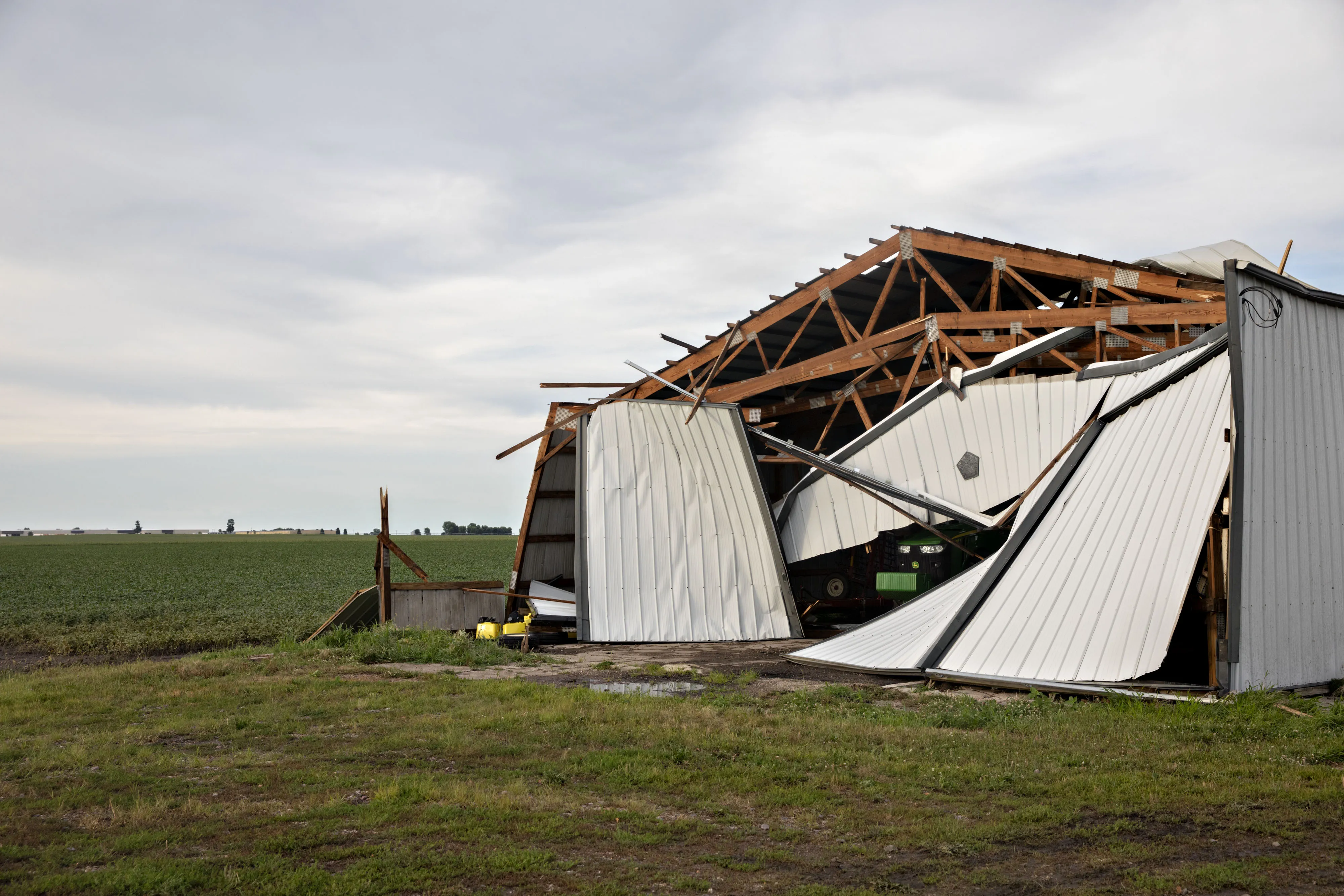 A collapsed building following a derecho storm in August 2020 near Franklin Grove, Illinois.&nbsp;