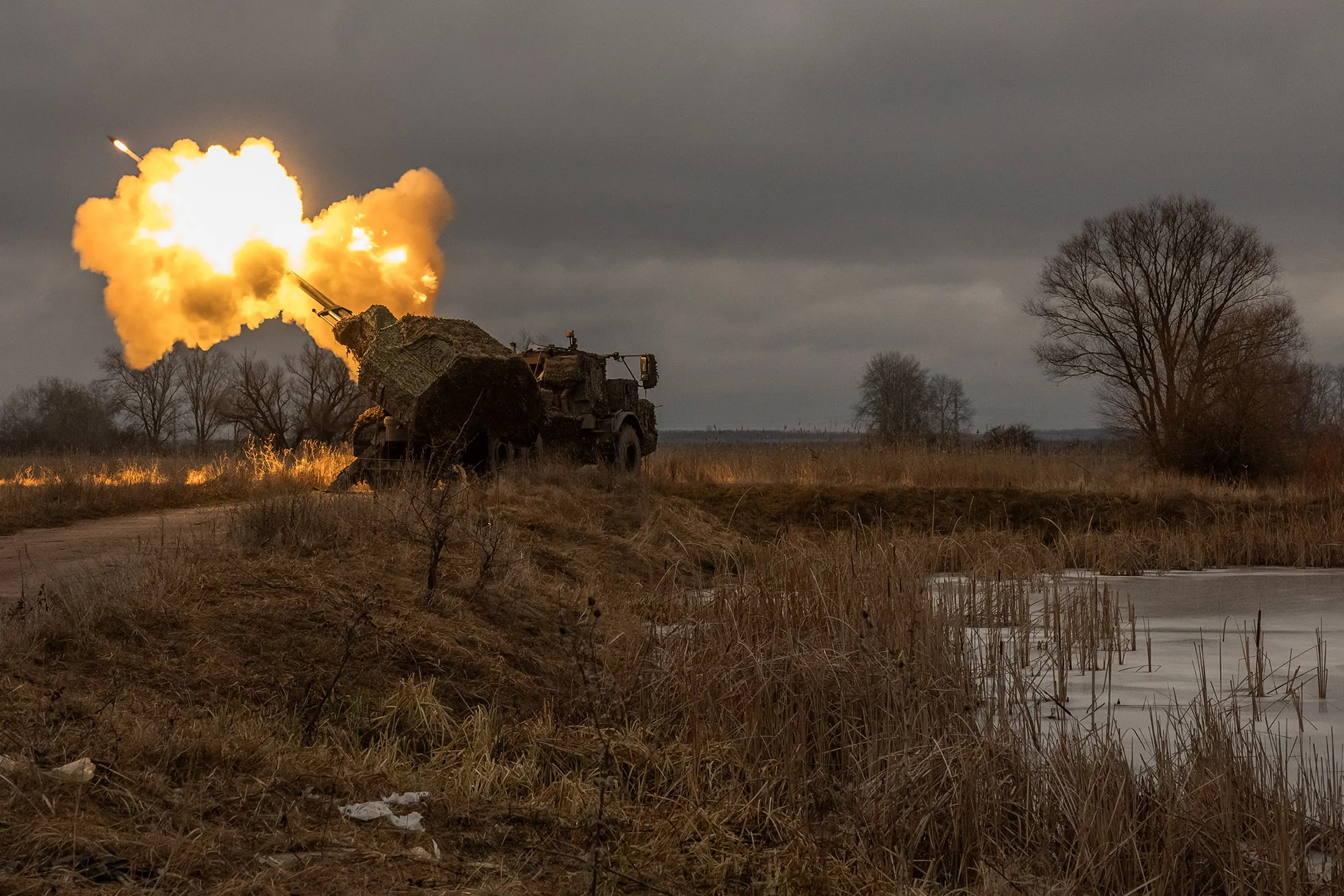 Members of Ukraine’s&nbsp;45th Artillery Brigade fire&nbsp;toward Russian positions, in the Donetsk region, on Jan.&nbsp;20.