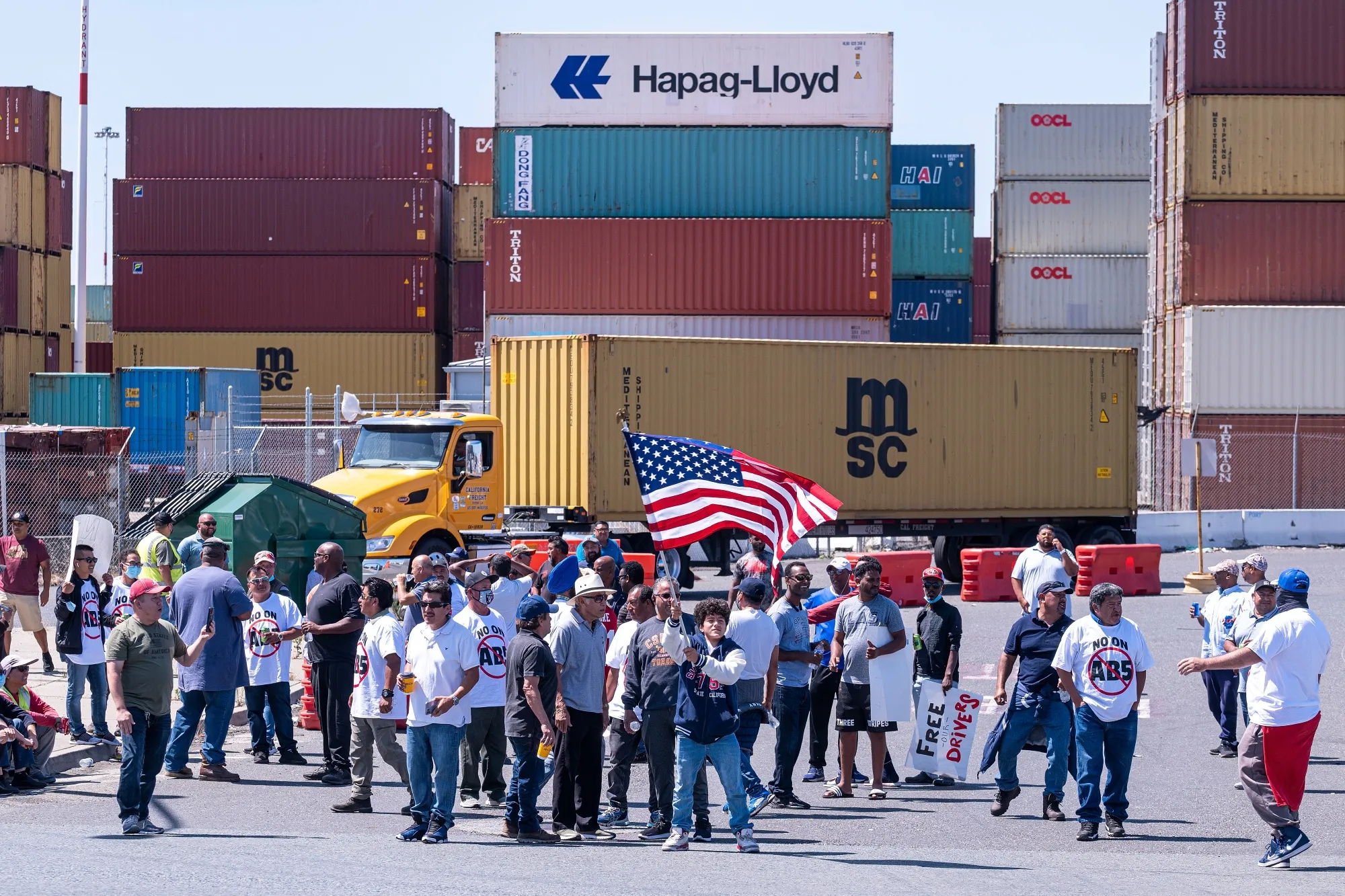 Truckers protest at the Port of Oakland in Oakland, California, on July 18.