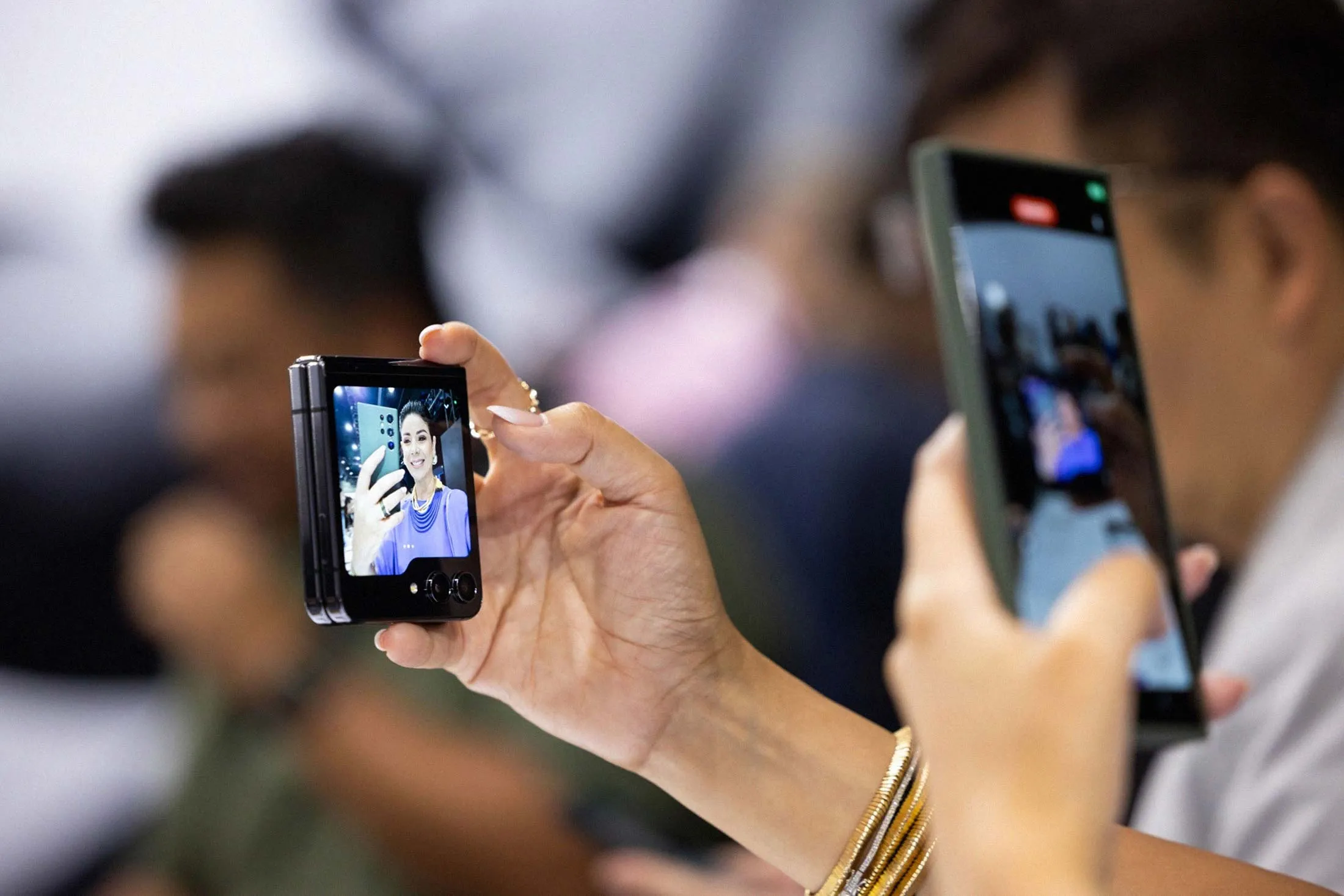A Galaxy Z Flip5 smartphone (left) at a Samsung&nbsp;event in Seoul on July 26.
