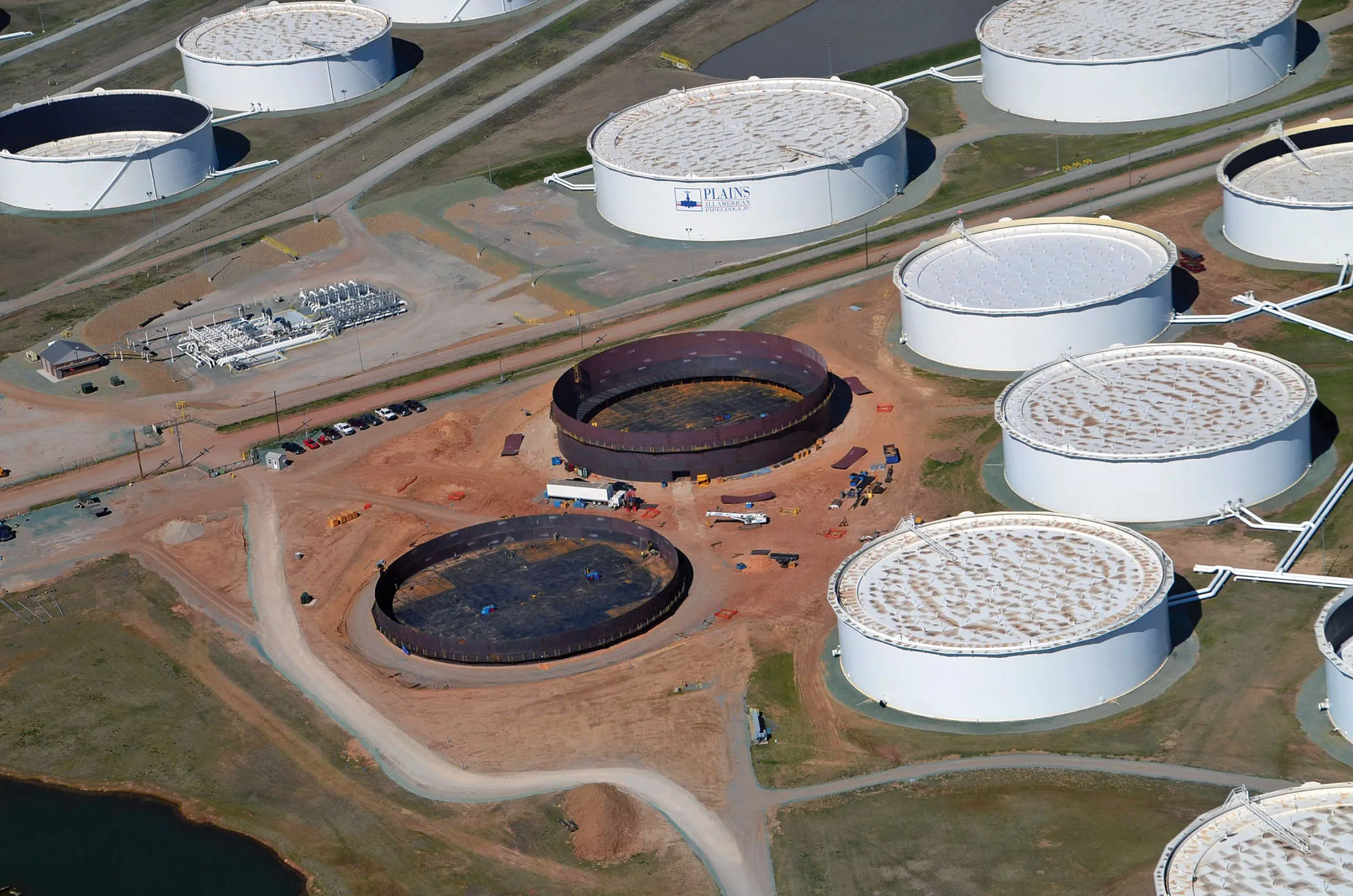 Crude oil storage tanks under construction in Nederland, Texas.
