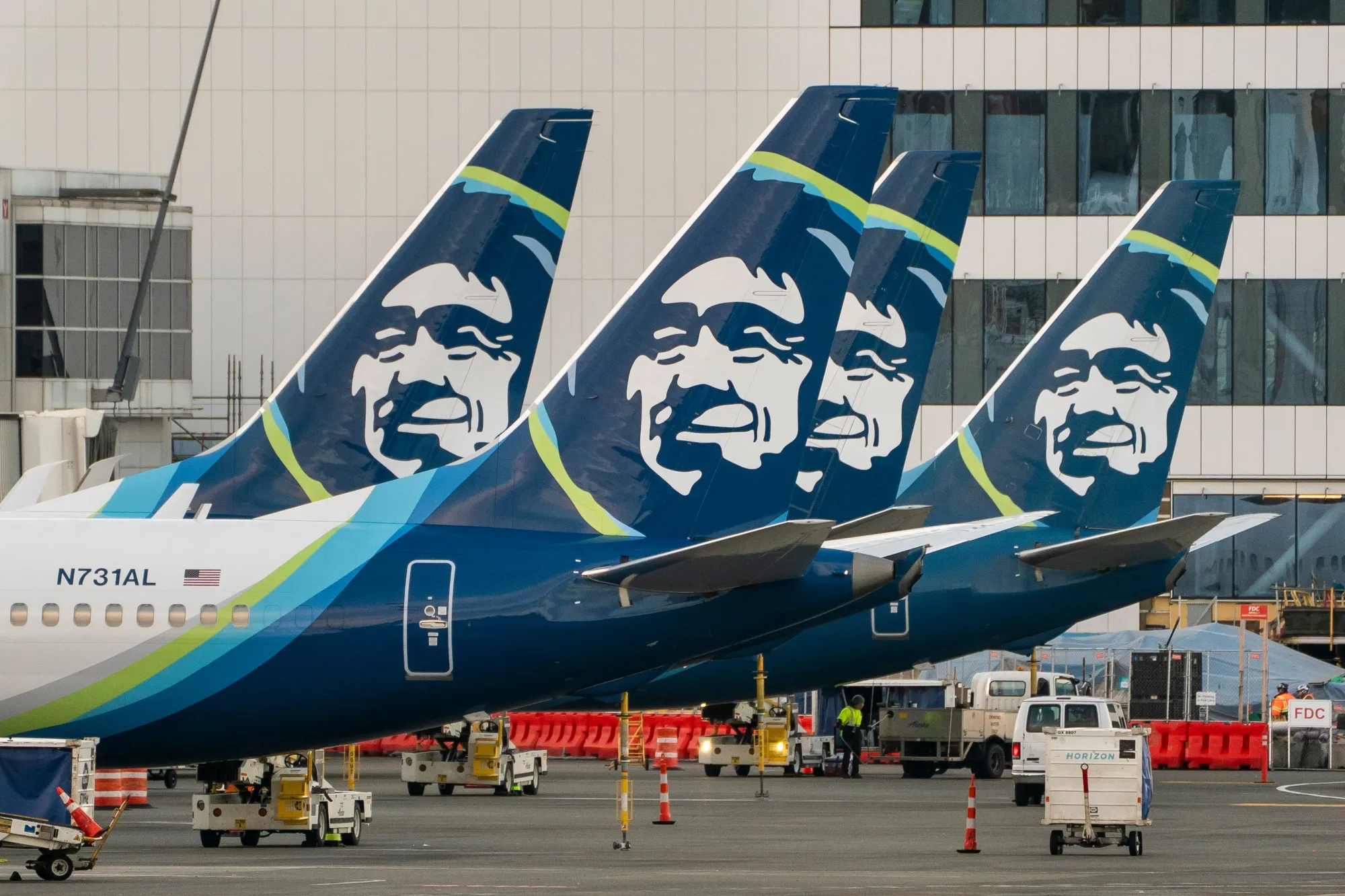 Alaska Air planes at Seattle-Tacoma International Airport (SEA) in Seattle, Washington.