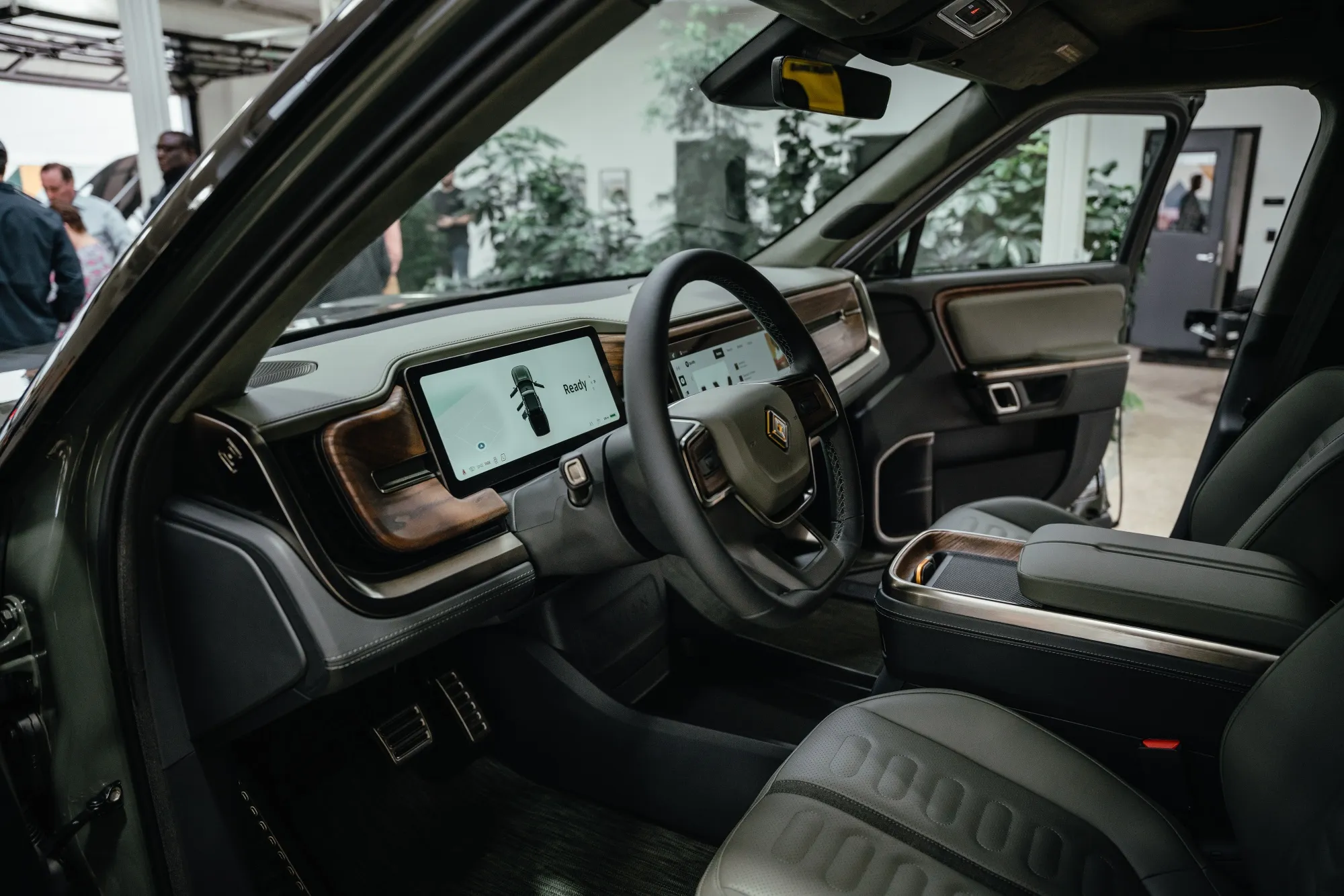 The interior of the Rivian R1T electric vehicle (EV) pickup truck at the company's manufacturing facility in Normal, Illinois.