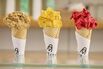 Ice cream flavors (from left): dulce de leche, maracuyá (also known as&nbsp;passion fruit), and raspberry.