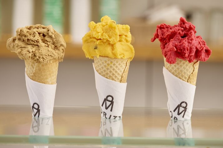 Ice cream flavors (from left): dulce de leche, maracuyá (also known as&nbsp;passion fruit), and raspberry.