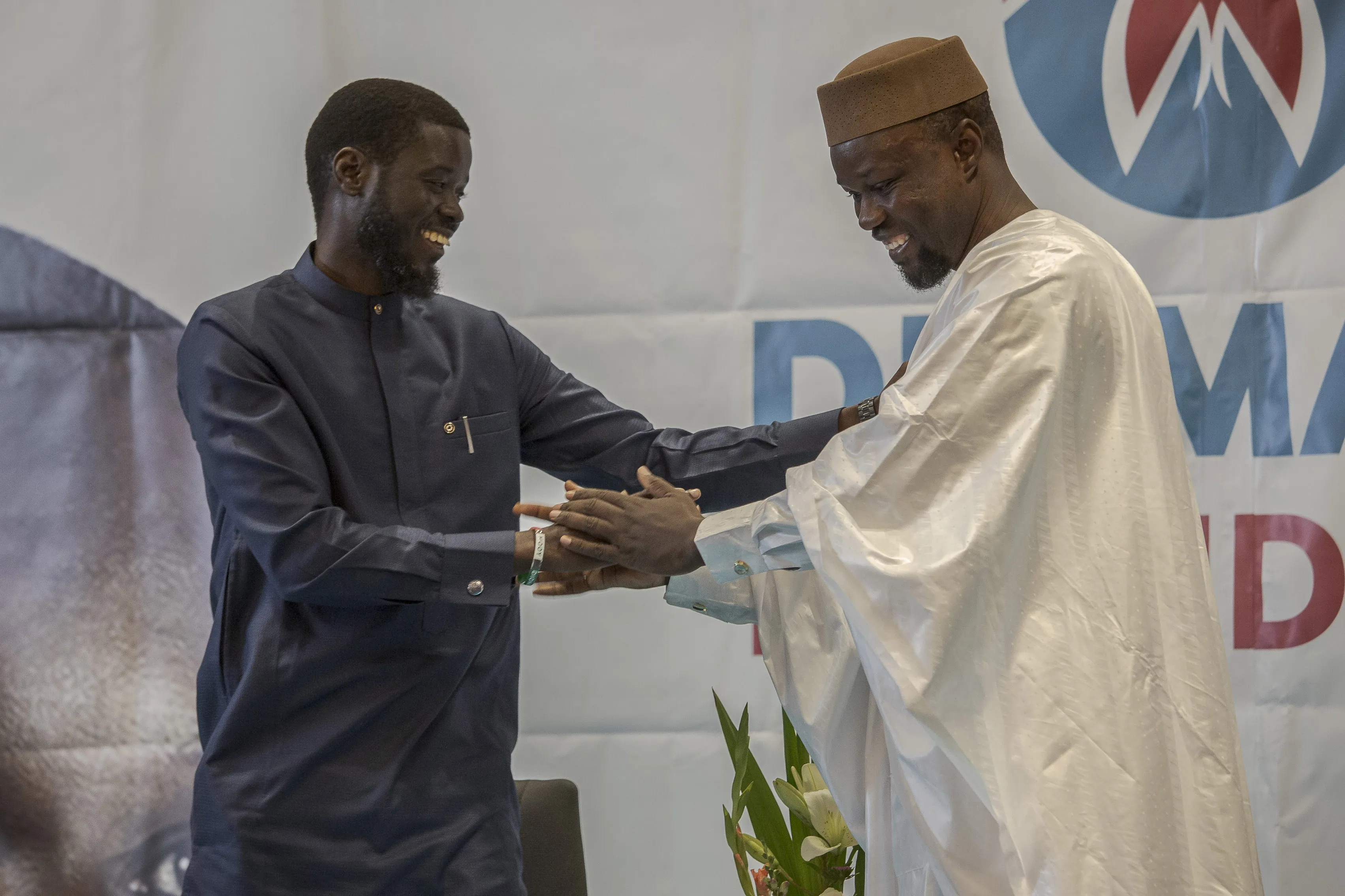 Bassirou Diomaye Faye, left, with Ousmane Sonko in Dakar, in March. 