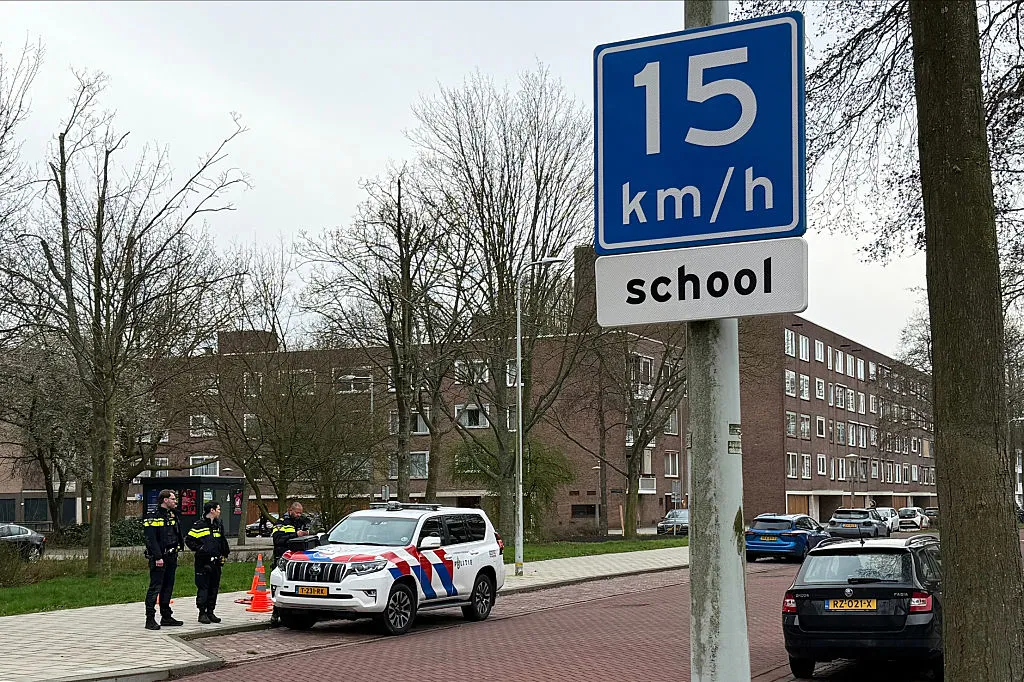 A police car outside the Jewish school, in Amsterdam, March 14.