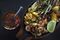 HAVANA, CUBA - DECEMBER 18: A plate of prawns, grilled vegetables and tomato salsa at 304 O'Reilly, a trendy restaurant serving upscale traditional Caribbean cuisine and cocktails on December 18, 2015 in Havana, Cuba. Sited in the center of ciudad vieja Habana, or Havana's old city, the restaurant is popular with the tourists and up-and-coming Cubans alike. (Photo by David Silverman/Getty Images)