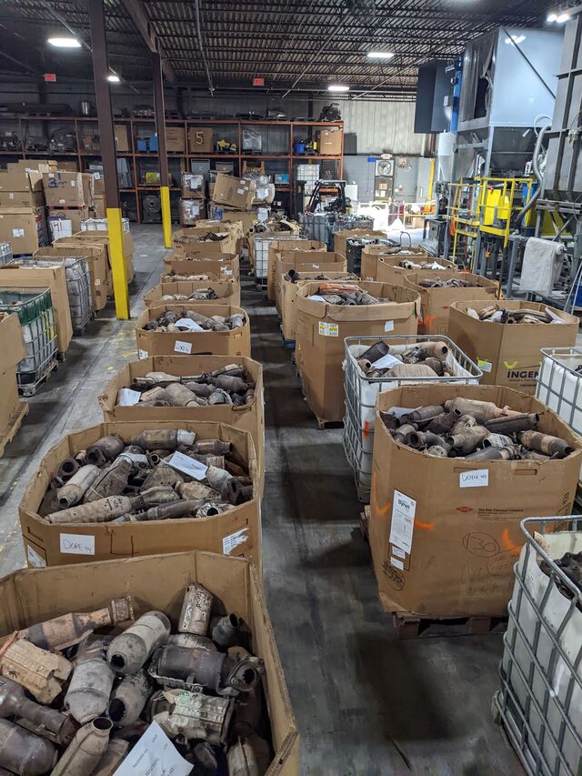 A junkyard warehouse full of catalytic converters owned by DG Auto in New Jersey