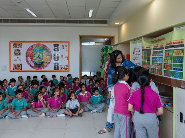 Schoolchildren participate in an extra curriculum activity class, named 'FitKids' during which, they learn about the significance of a nutritious diet, and steer clear of unhealthy 'junk food,' at Lotus Valley School in Gurugram, Haryana, India, on Friday, September 15, 2023.
