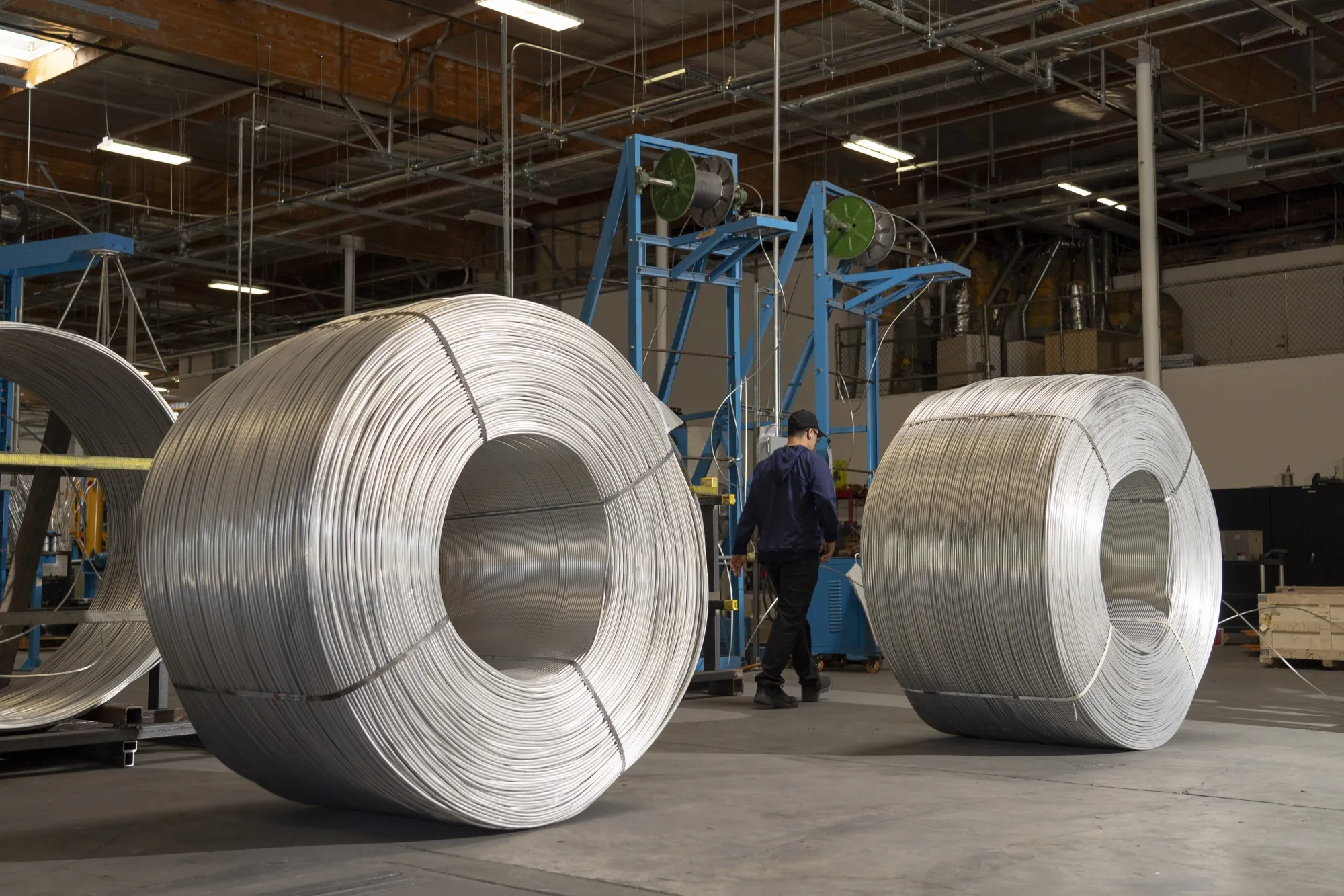 Rolls of aluminum conductive materials at the TS Conductor Corp. production facility in Huntington Beach, California.