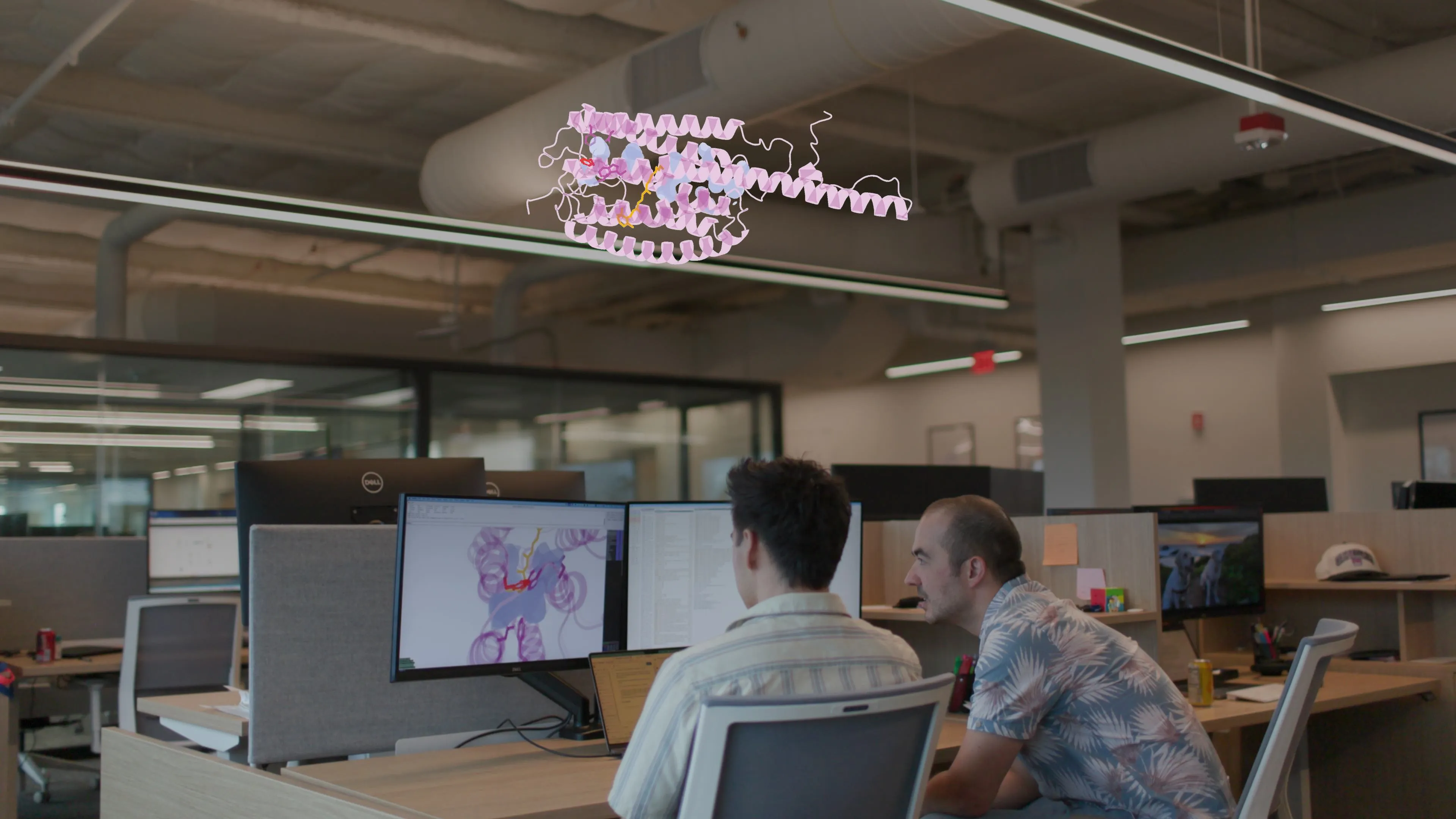 Scientists examine the physical structure of the opsin they created that responds to ambient room lighting. Above, an image of that opsin superimposed.