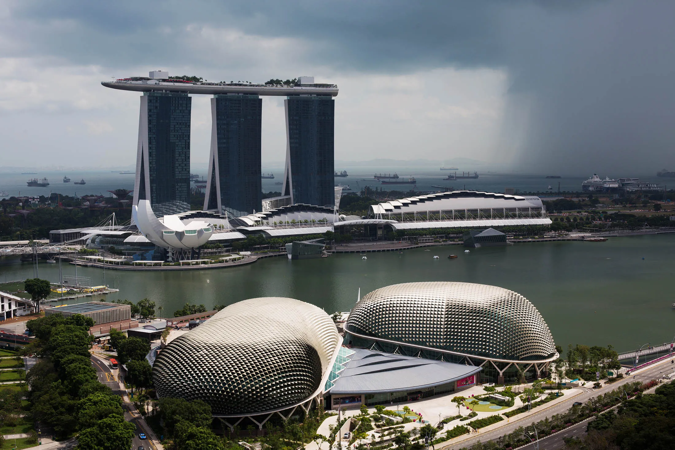 The Esplanade Theatres on the Bay and the Marina Bay Sands hotel and casino in Singapore.
