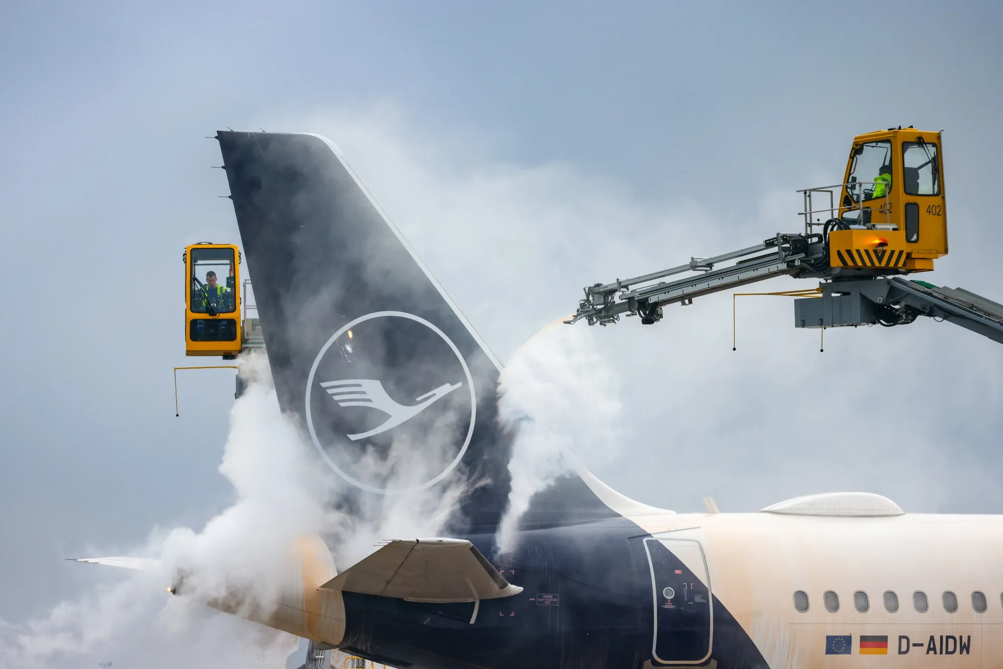 A passenger aircraft, operated by Deutsche Lufthansa AG, sprayed with de-icing fluid at Frankfurt Airport in Frankfurt.
