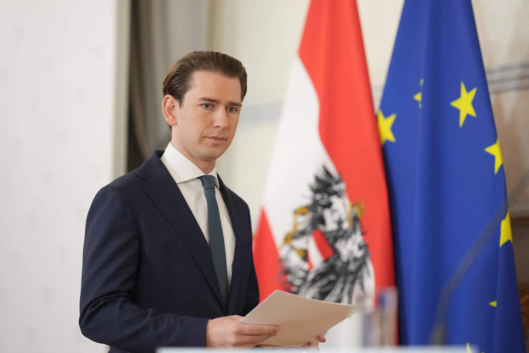 Sebastian Kurz arrives to give a press statement on the government crisis at the Federal Chancellery in Vienna, Austria, on Oct. 9.