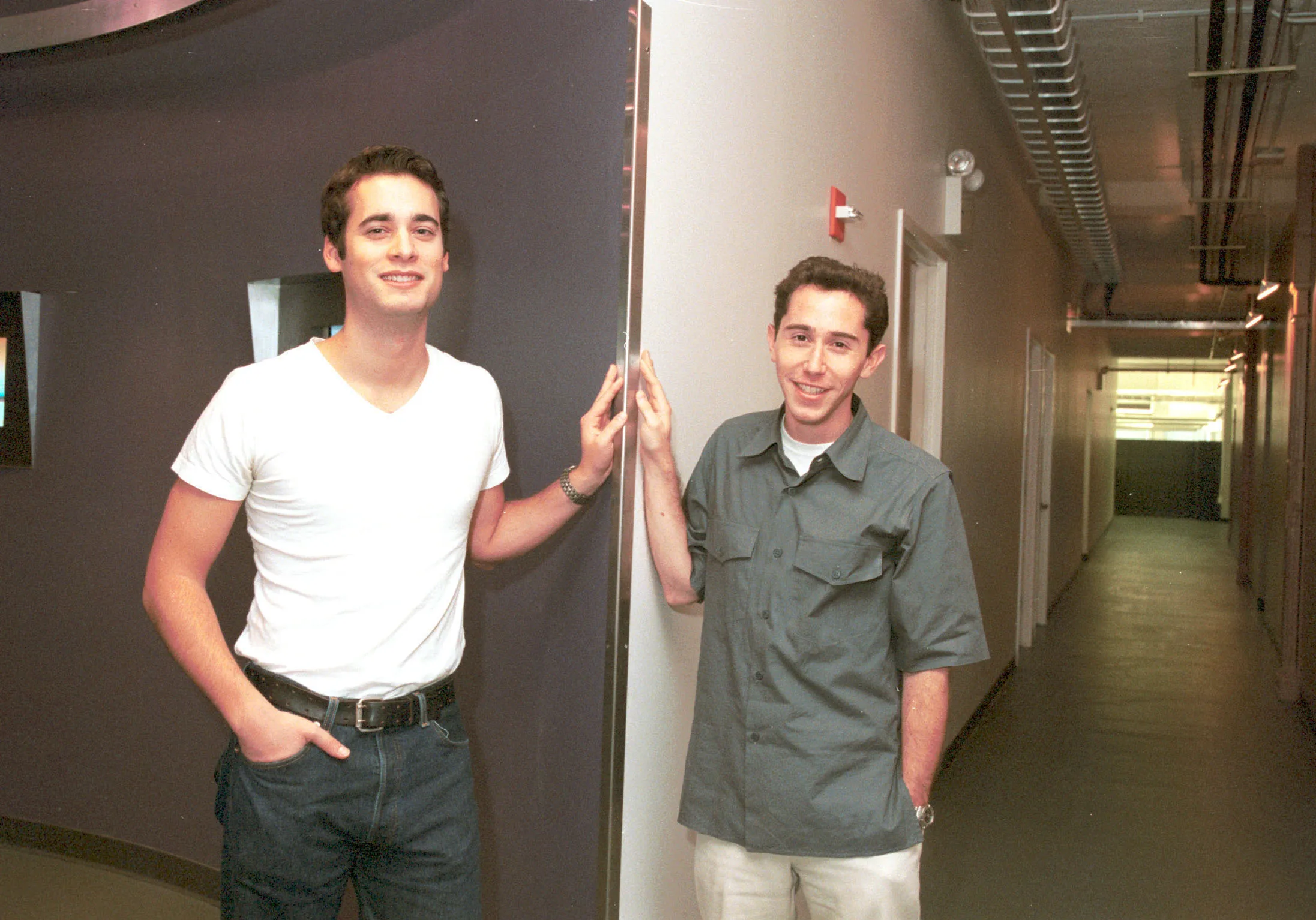 Photo of co-president and CEOs of TheGlobe.com Stephan Paternot, left, and Todd V. Krizelman leaning against a wall in their new headquarters in New York City on October 12, 1999.