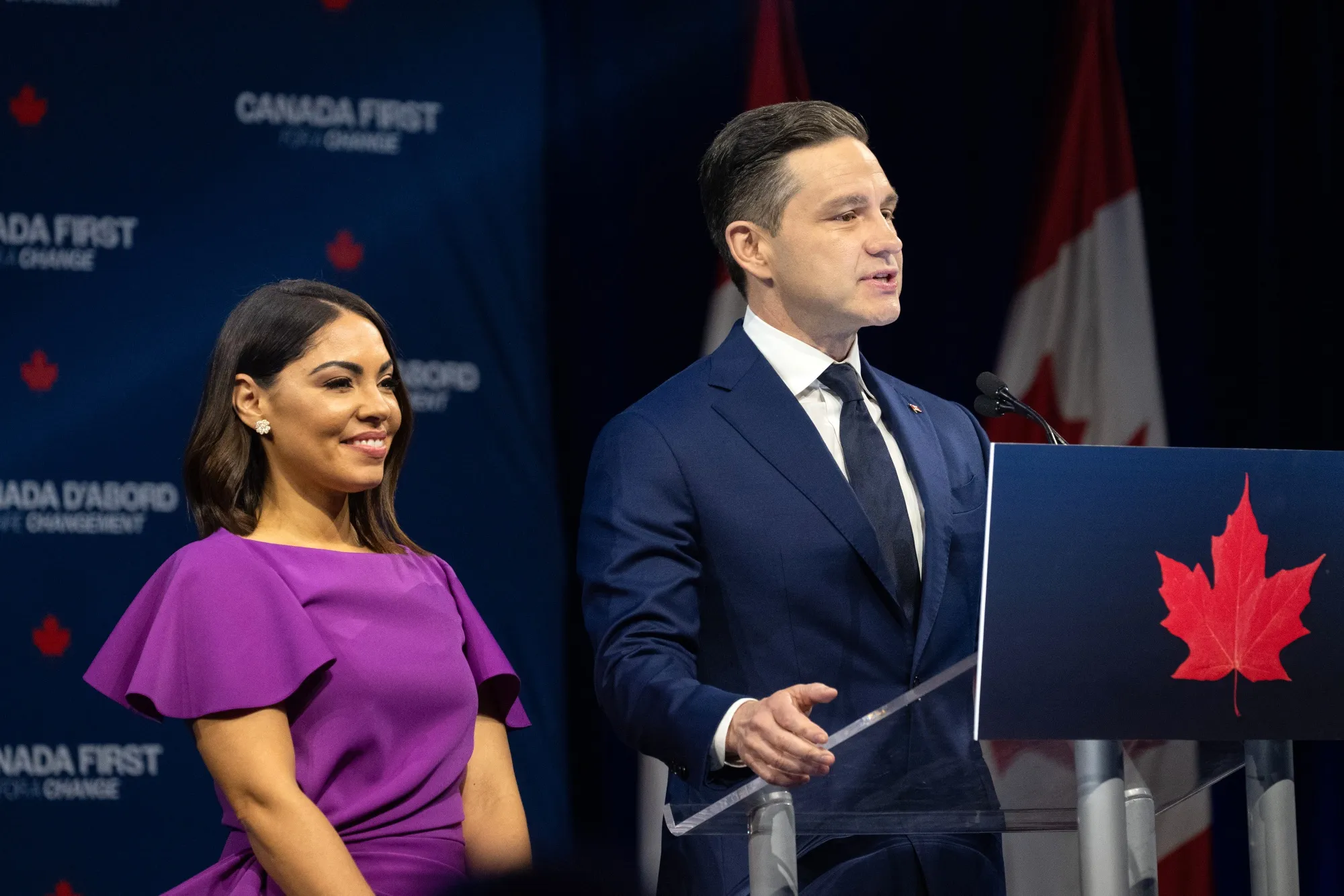 Pierre Poilievre, with his wife Anaida Poilievre, speaking after his party lost the national election in April.