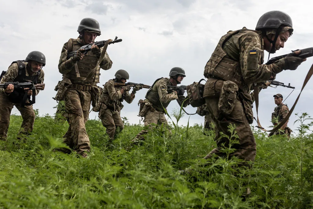 Ukrainian soldiers take part in infantry training in Donetsk Oblast, Aug 11.&nbsp;